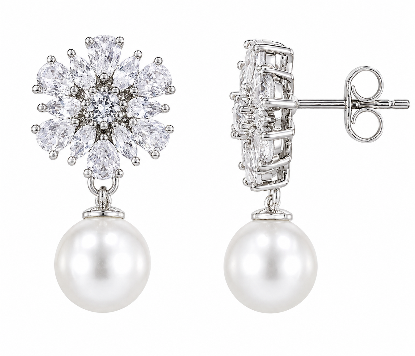 Pearl Drop Floral Earrings with American Diamond for Women
