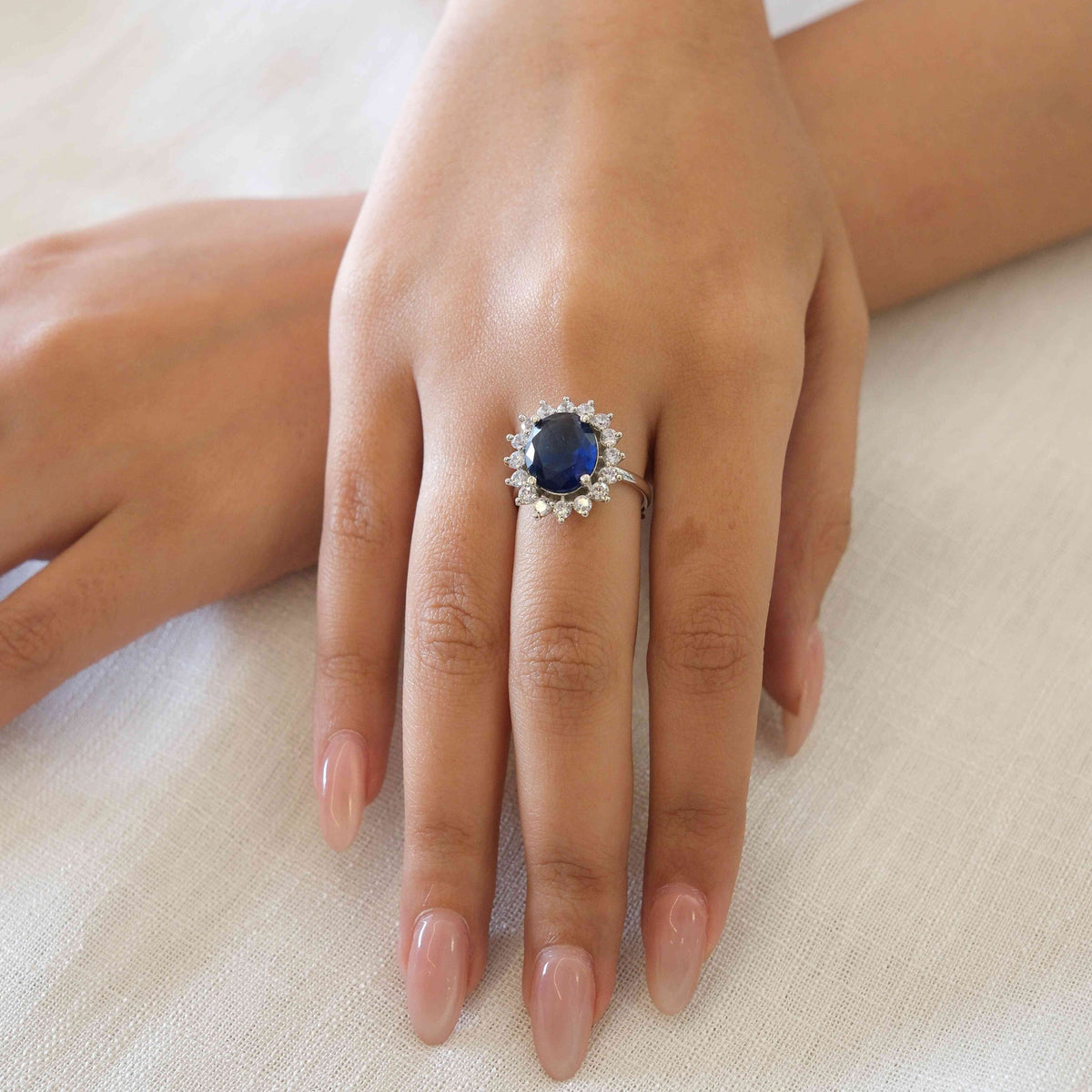 Rhodium Plated Blue American Diamond Floral Halo Ring