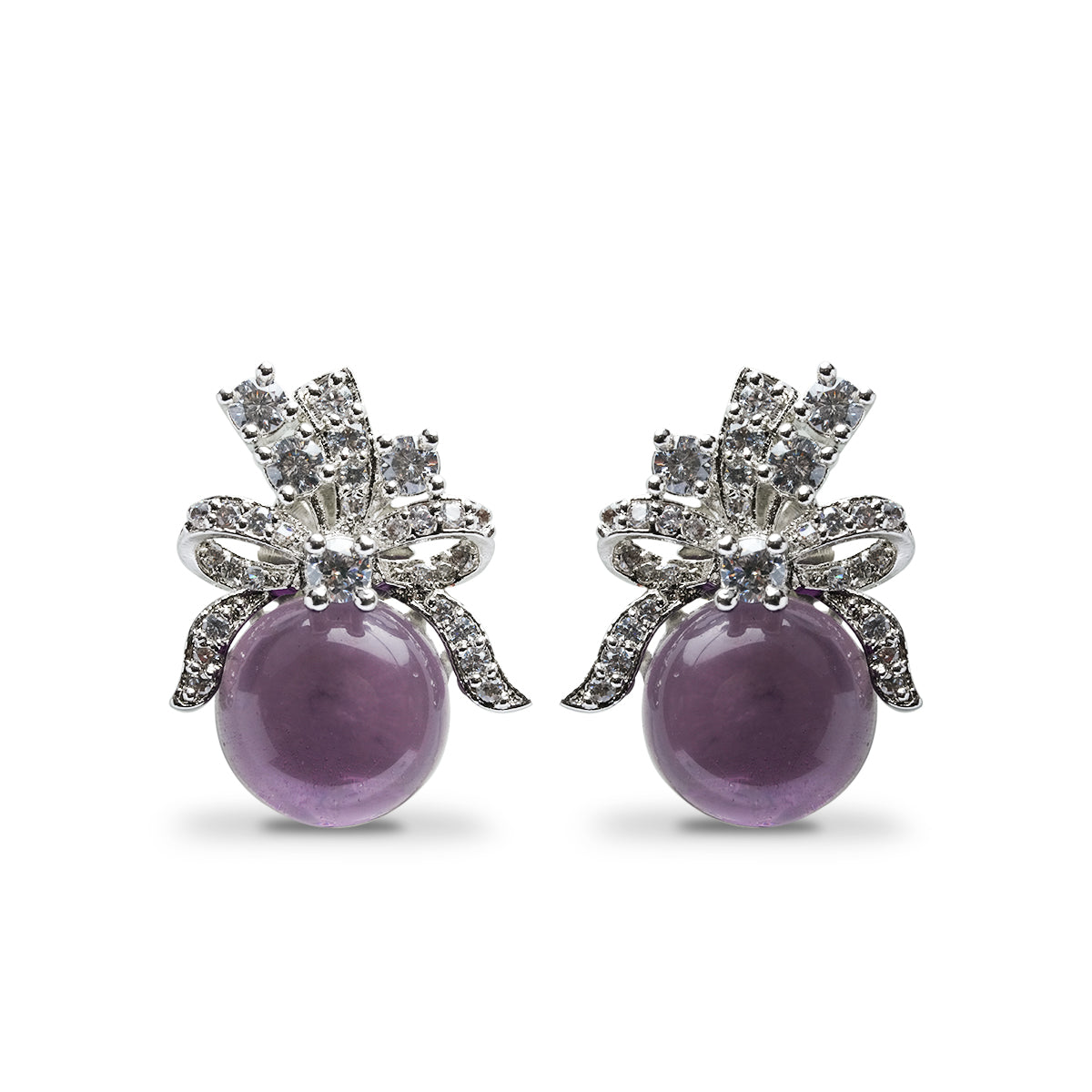 Front view of purple amethyst bow-shaped CZ earrings