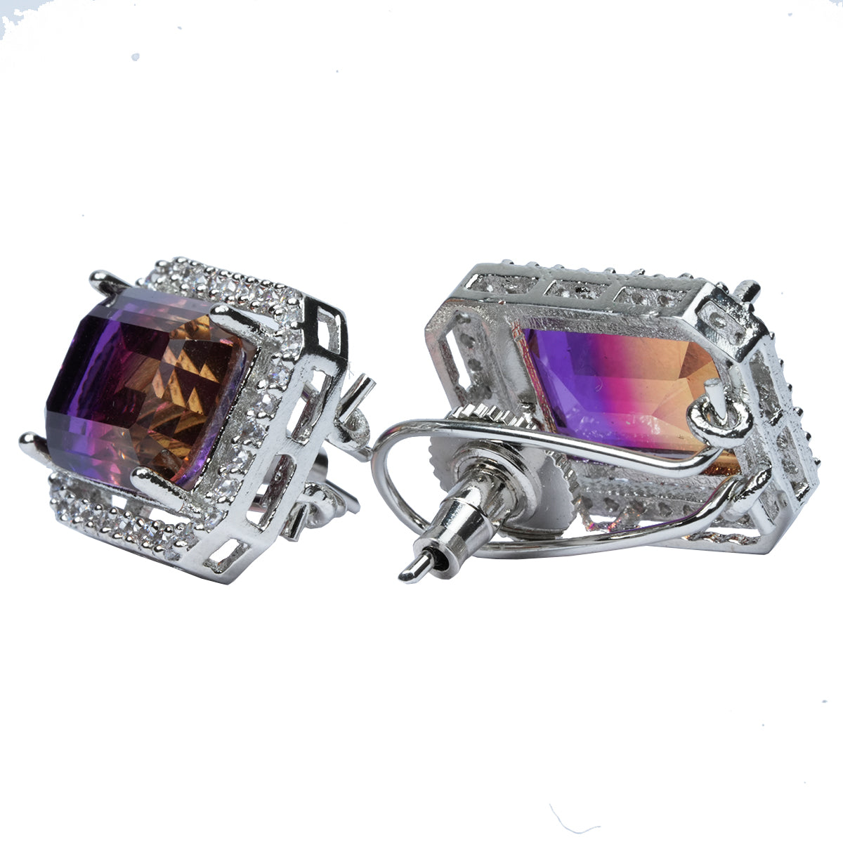 Angled view of two-tone ametrine earrings on flat surface