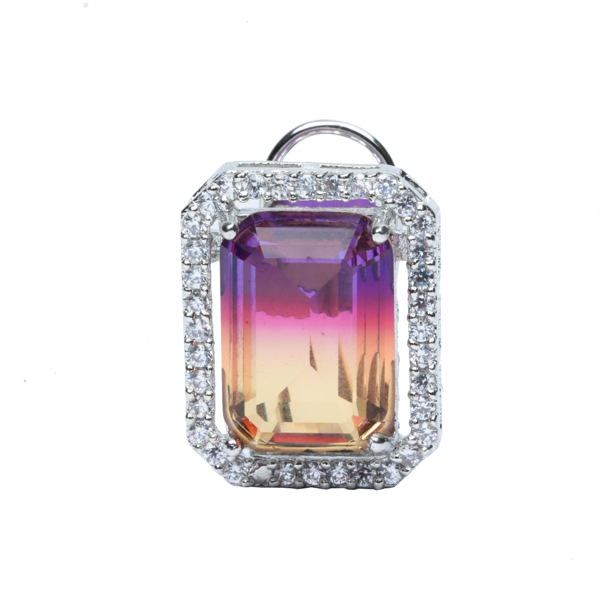 Purple yellow crystal earrings, upright and flat angle