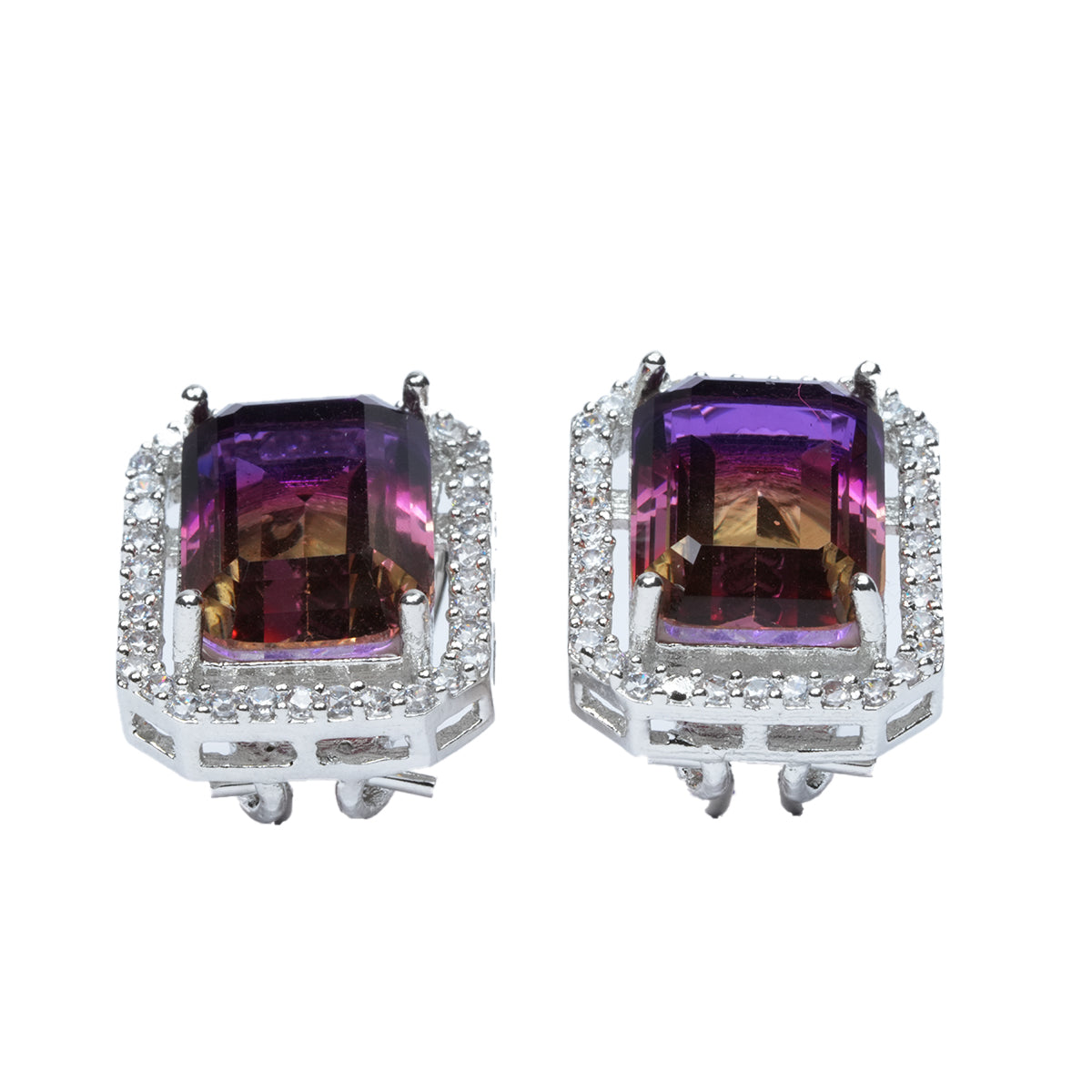 Symmetrical front view of ametrine-style earrings
