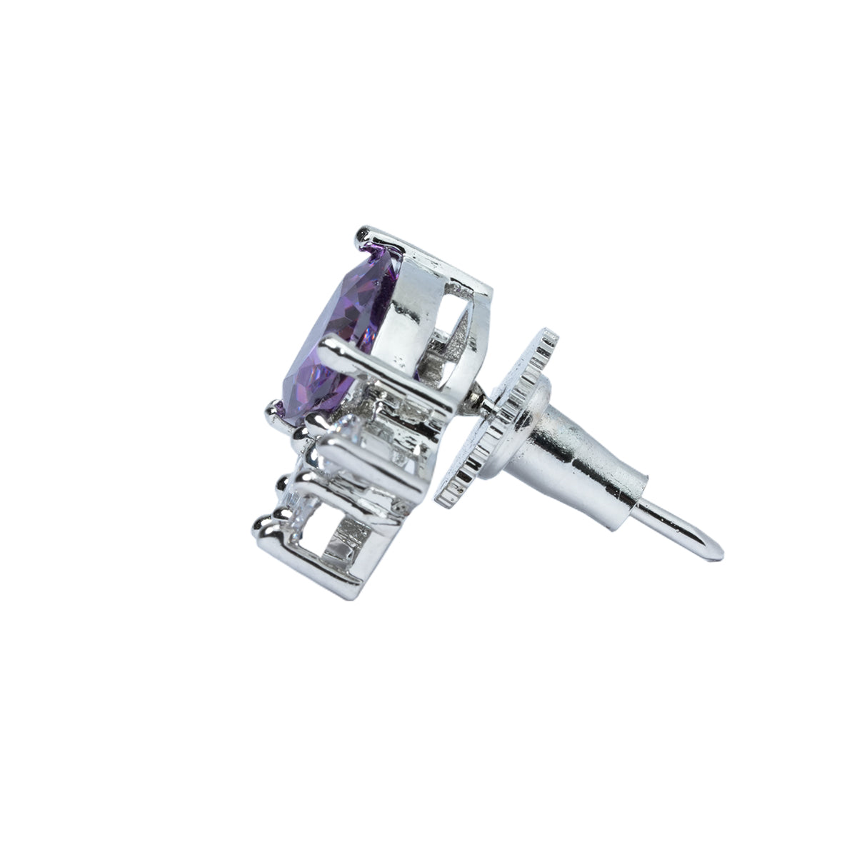 Angled shot of purple CZ earrings under light reflection