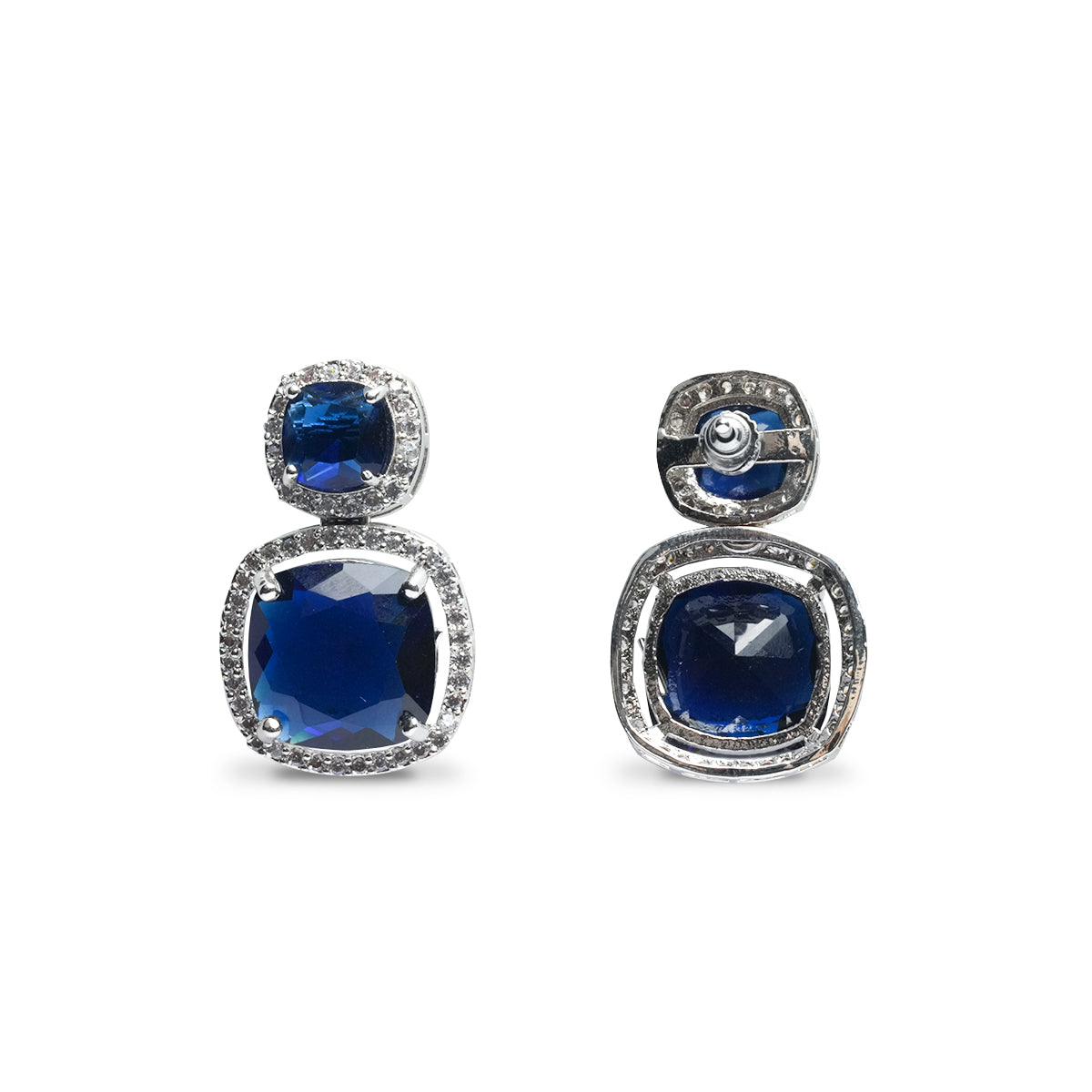 Back angle of drop earrings showing secure setting and white metal polish
