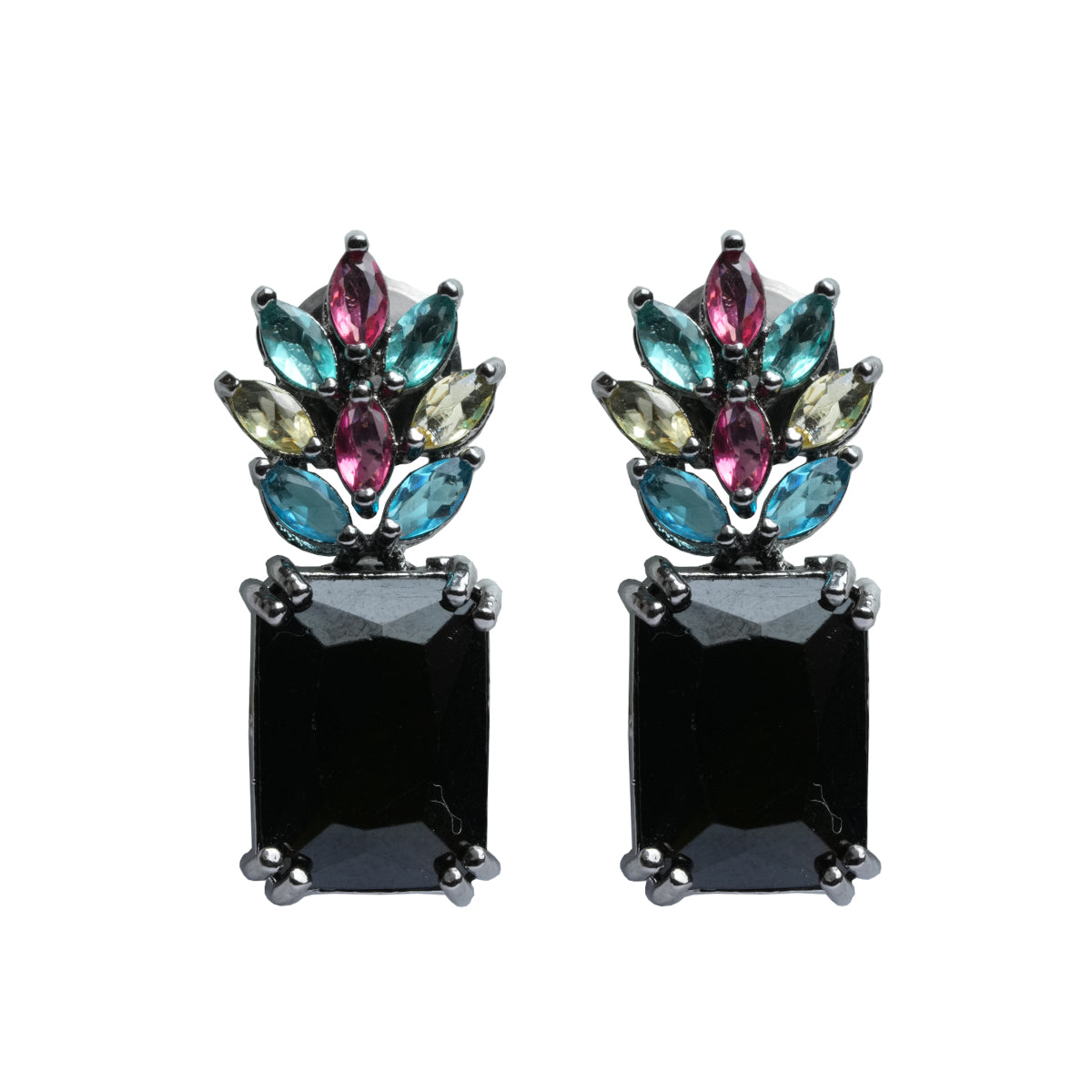 Front view of black dangle earrings with colorful CZ design
