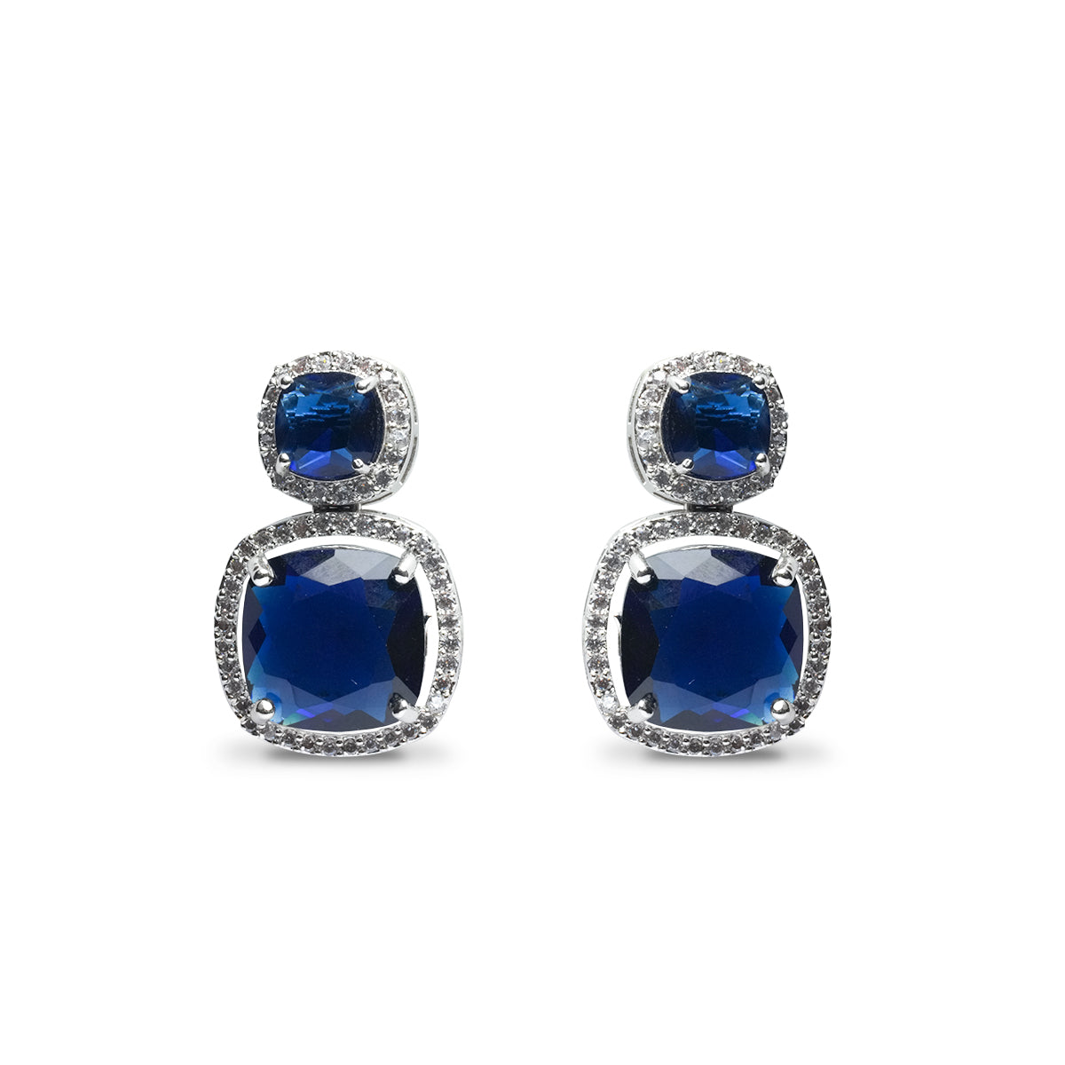 Front view of blue drop earrings with white CZ sparkle border