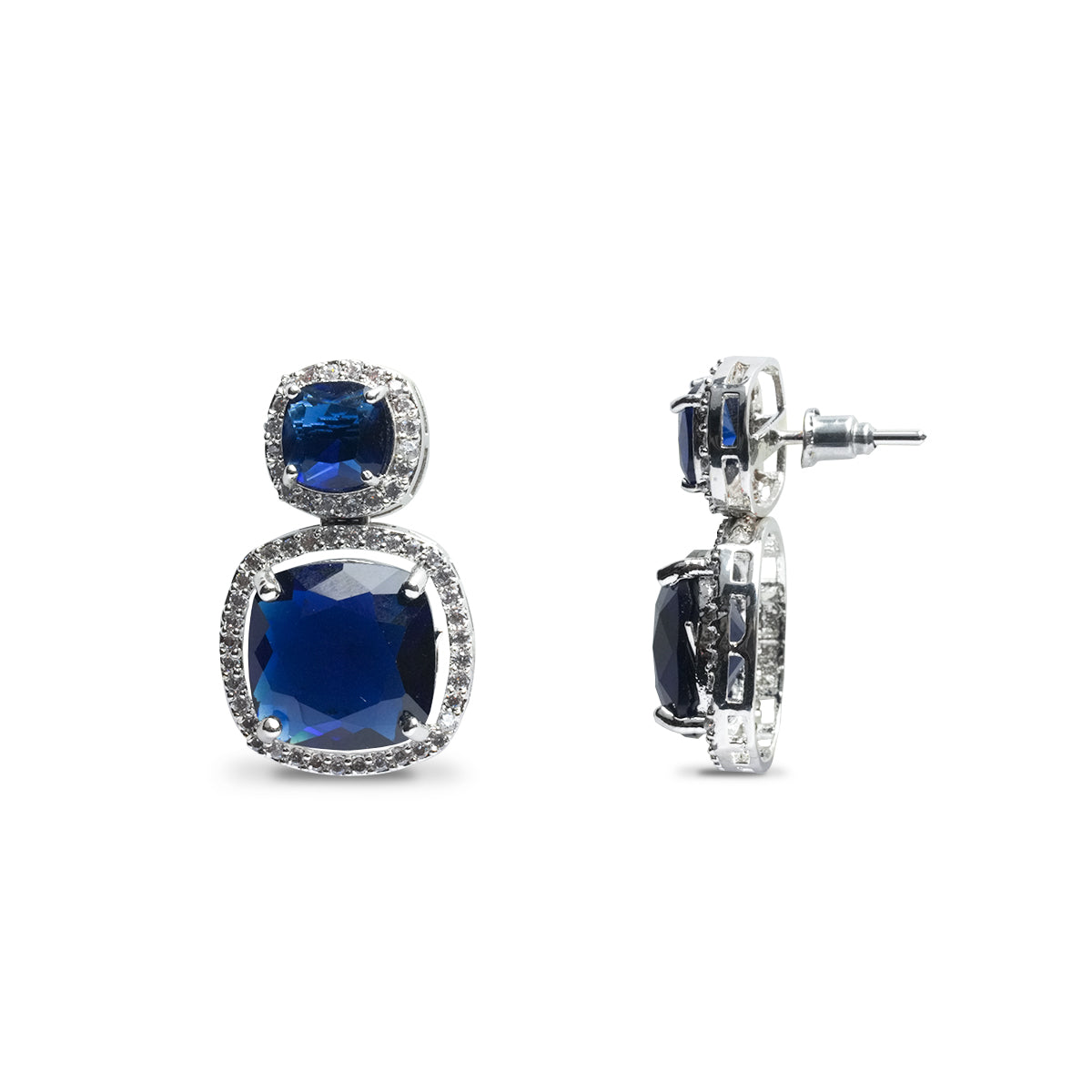 Side view of blue CZ drop earring with secure post clasp