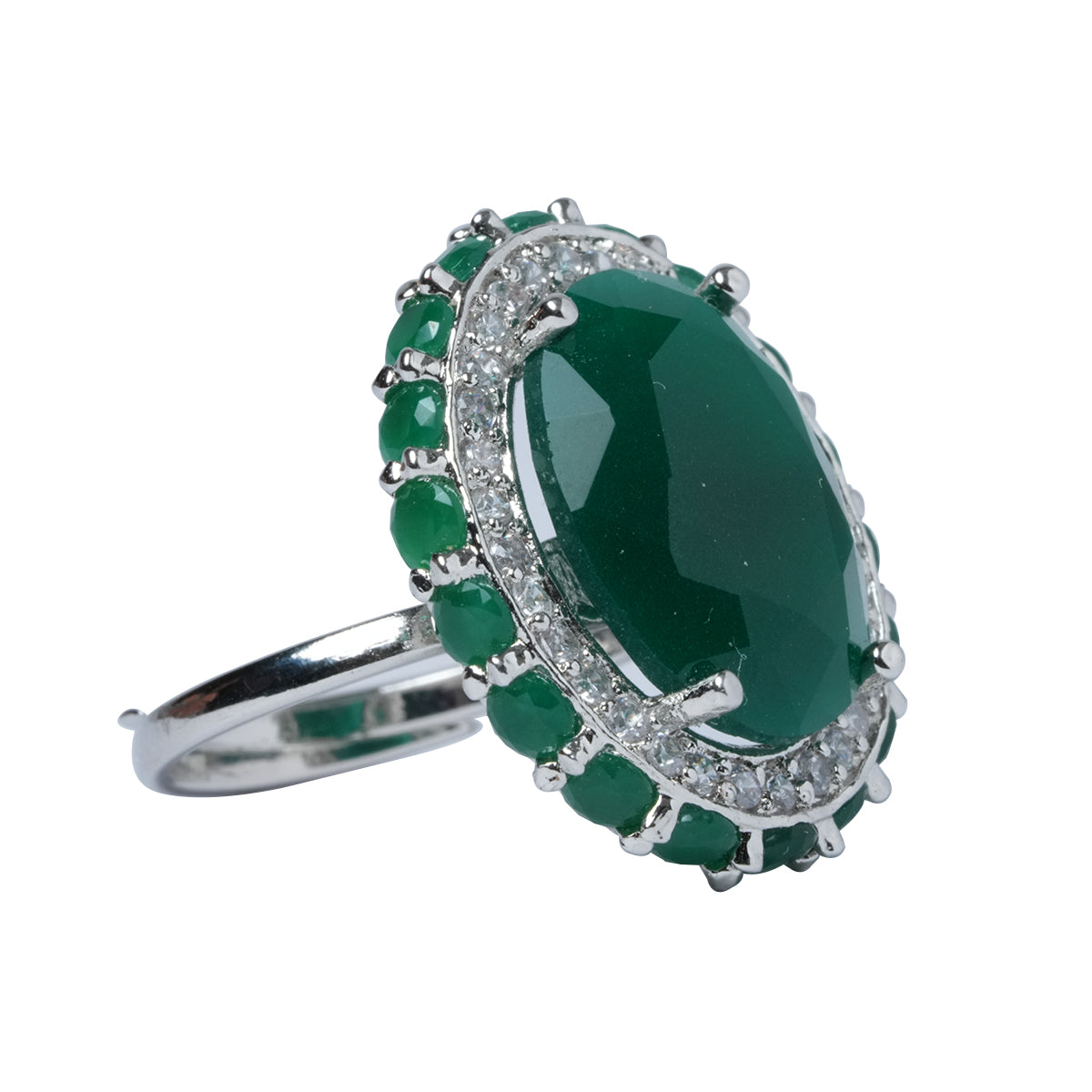 Tilted angle showing oval green stone ring with silver band