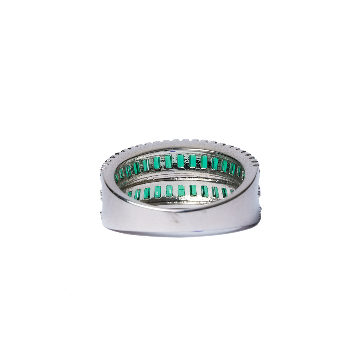 Flat side view of green triple row ring with raised baguette center