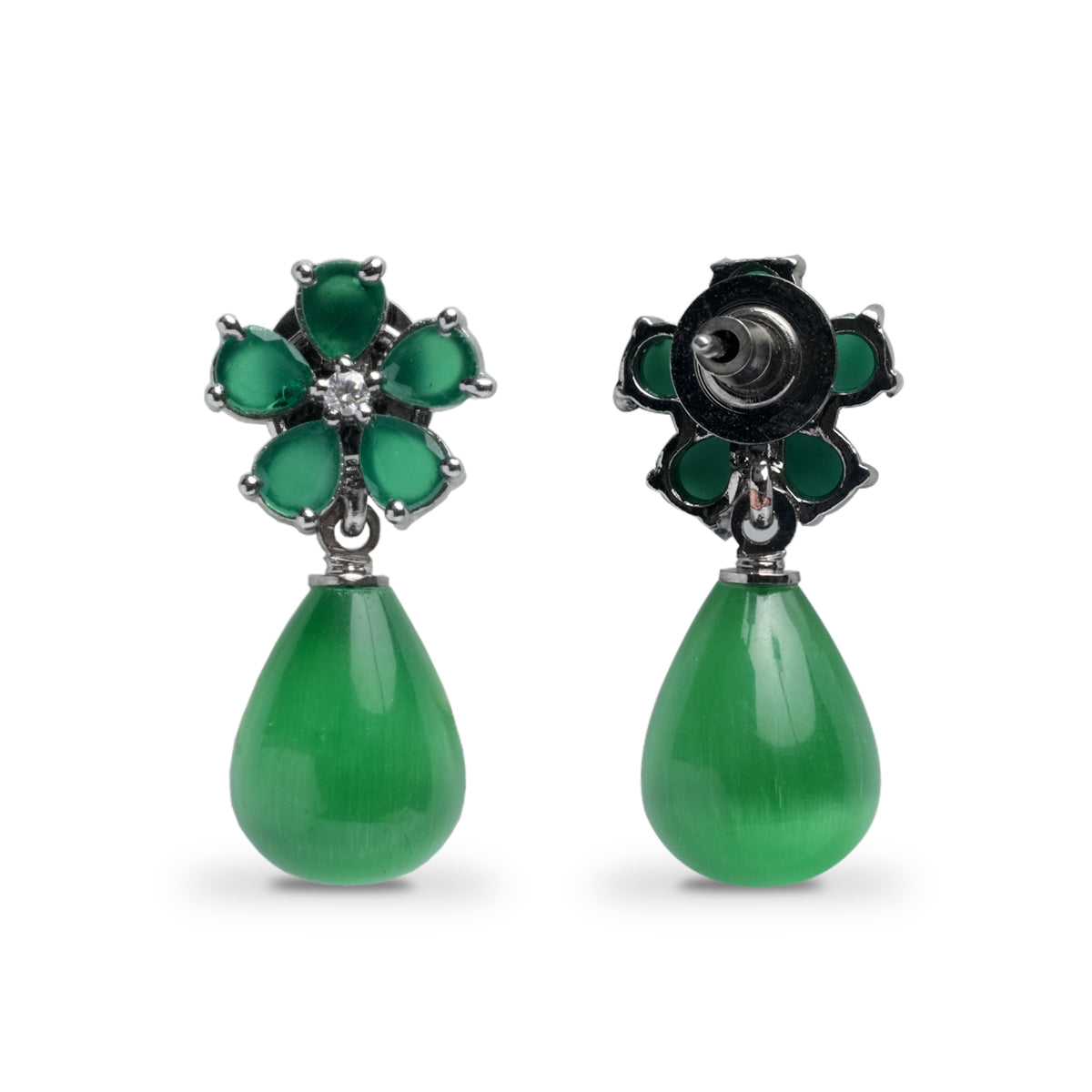 Front and back view of green CZ teardrop earrings