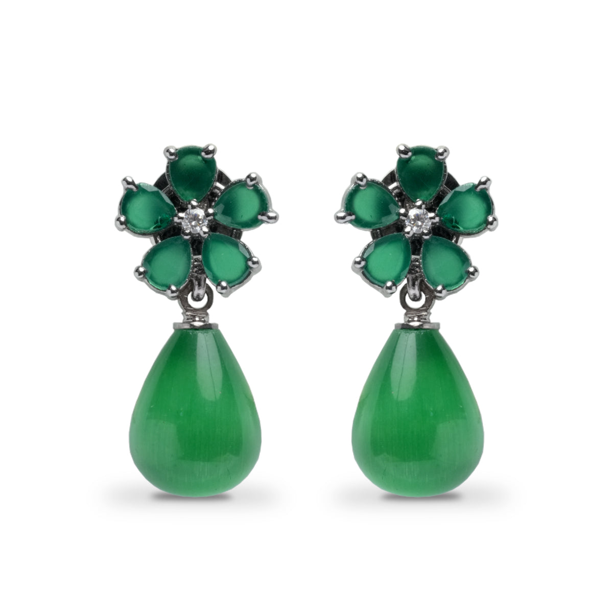 Front view of green flower drop earrings with CZ stones