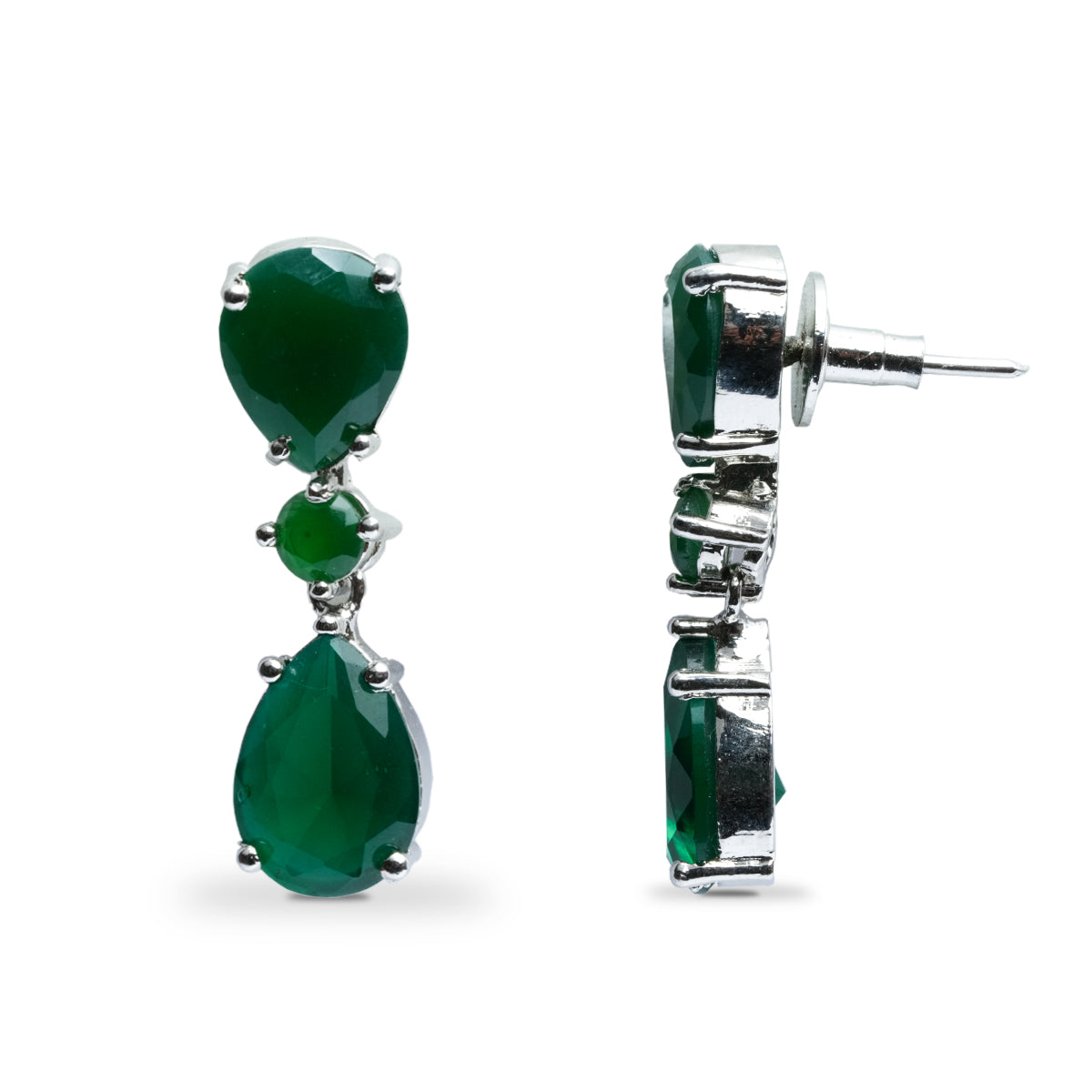Back view showing secure screw clasp of emerald drop earrings
