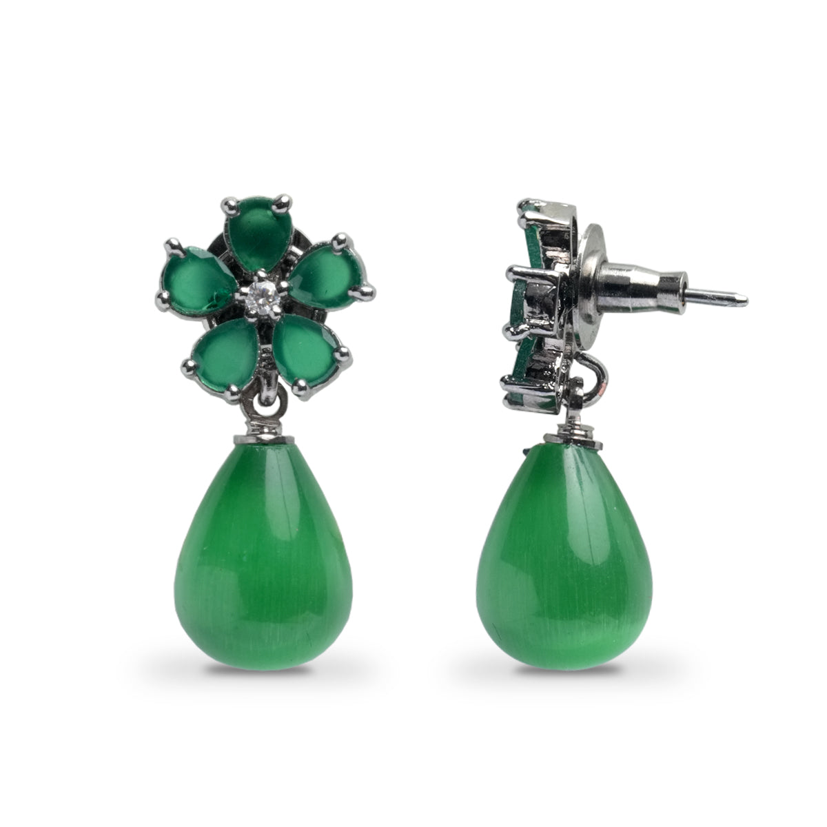 Side angle of green teardrop CZ earrings with post