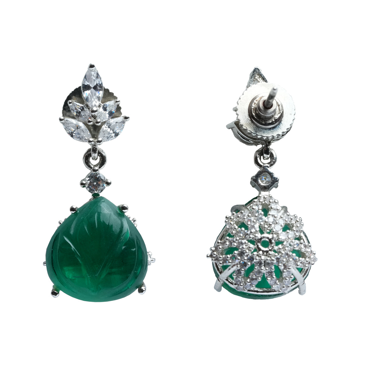 Back close-up of green CZ earrings with designer cut