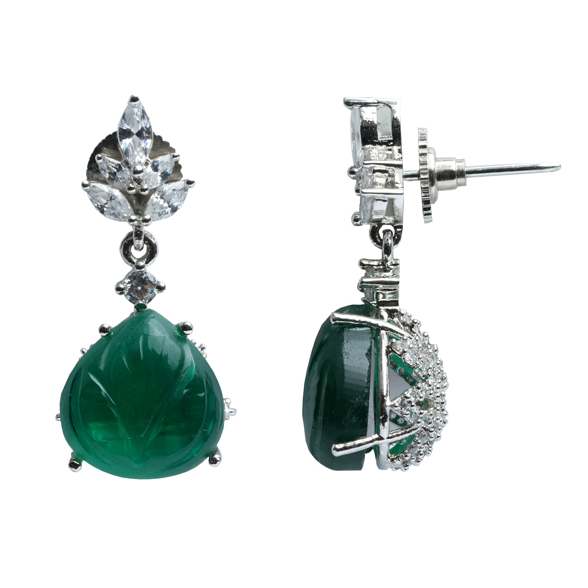Side view showing earring post and green CZ drop