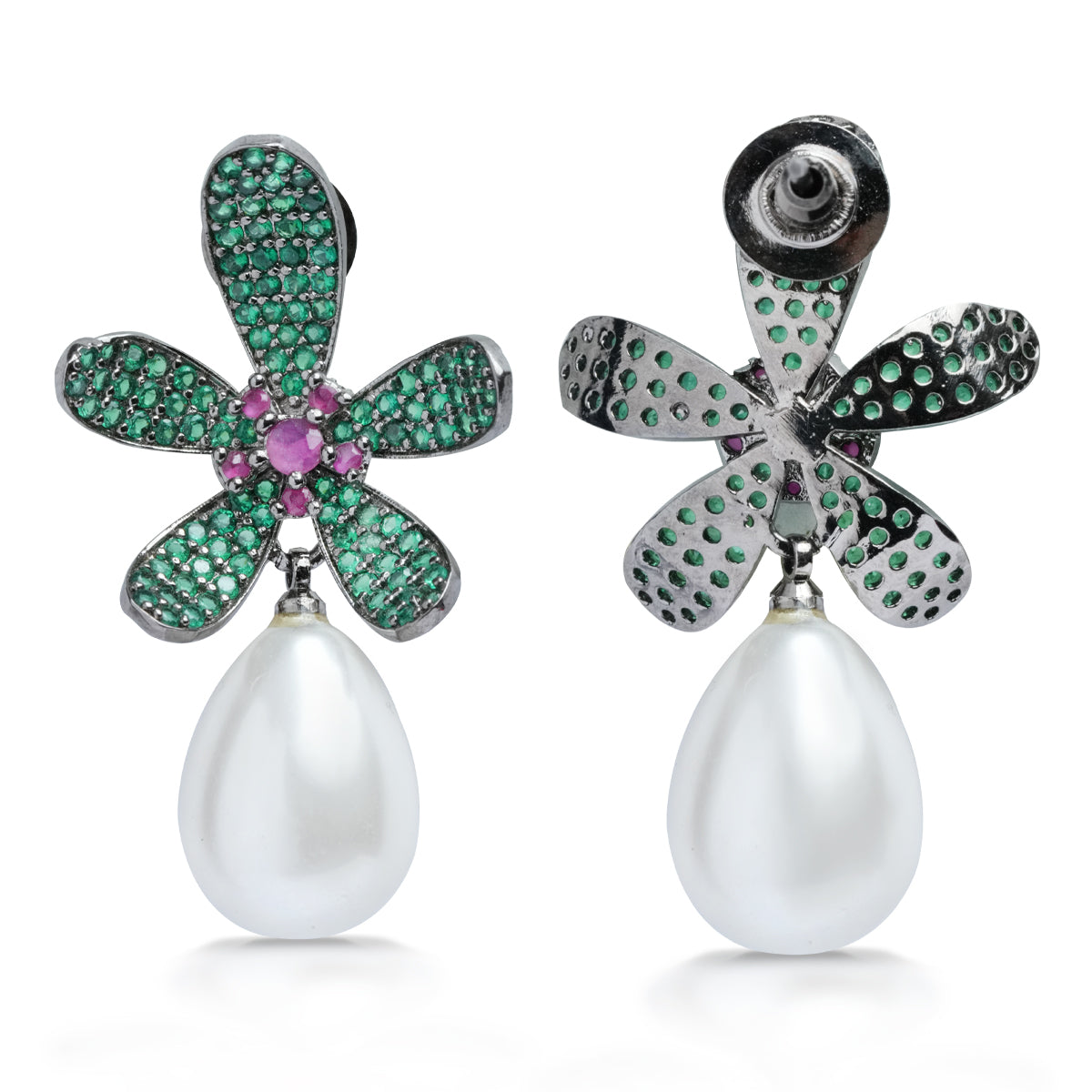 Back side of earrings showing secure post and drop