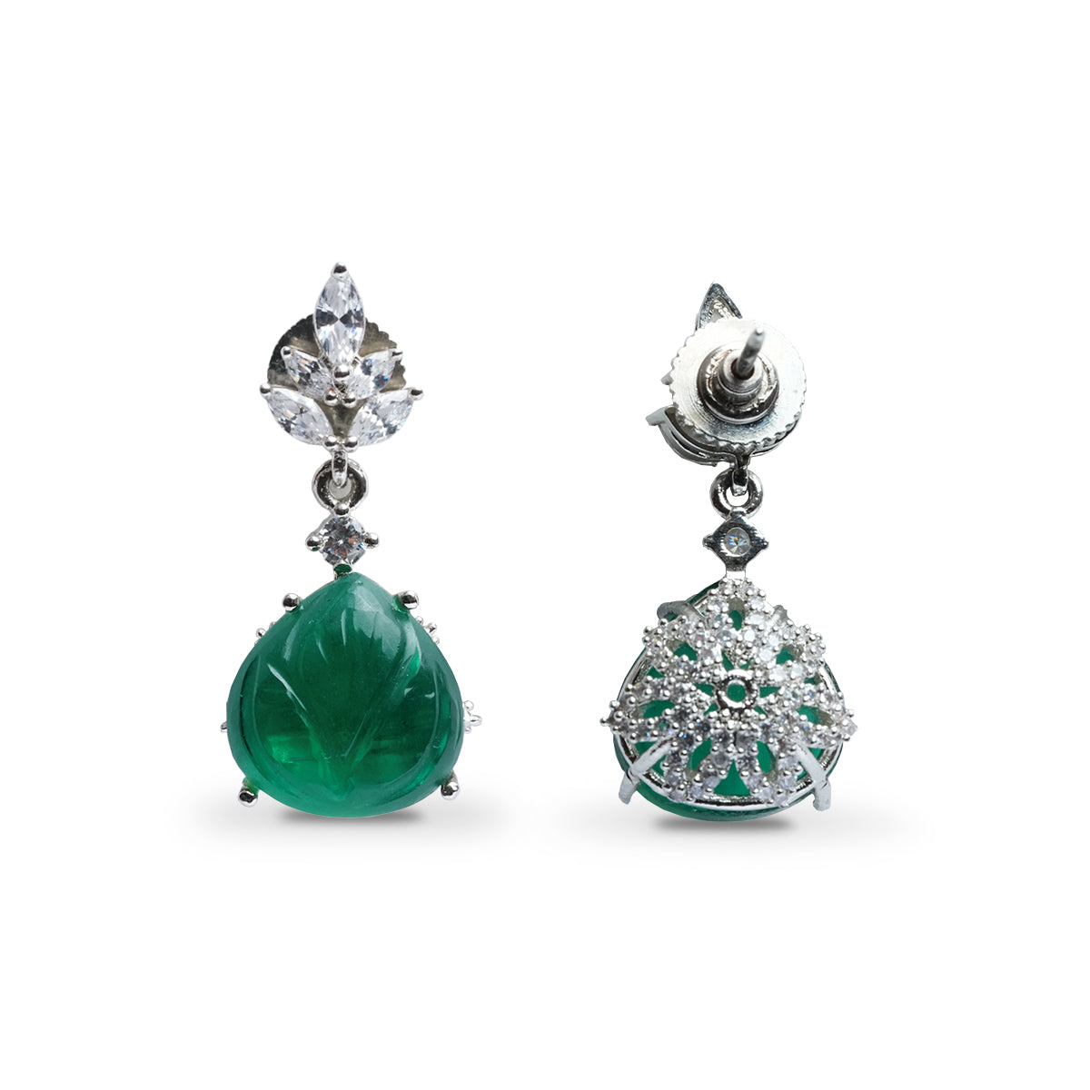 Front and back design view of green carved drop earrings