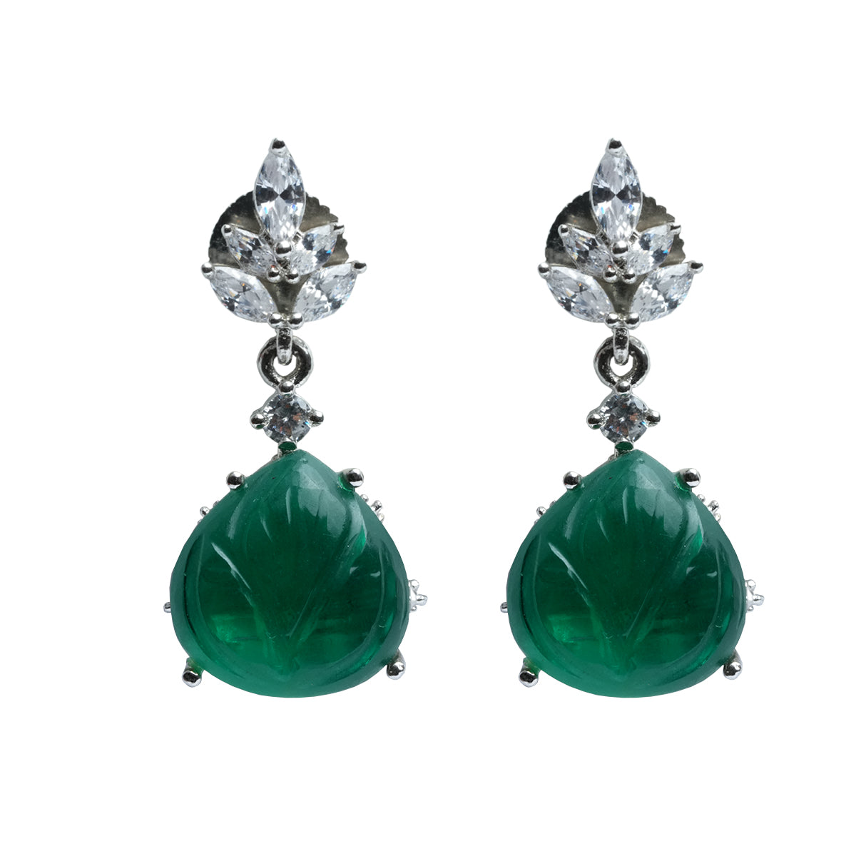 Top angle of carved green gemstone drop earrings