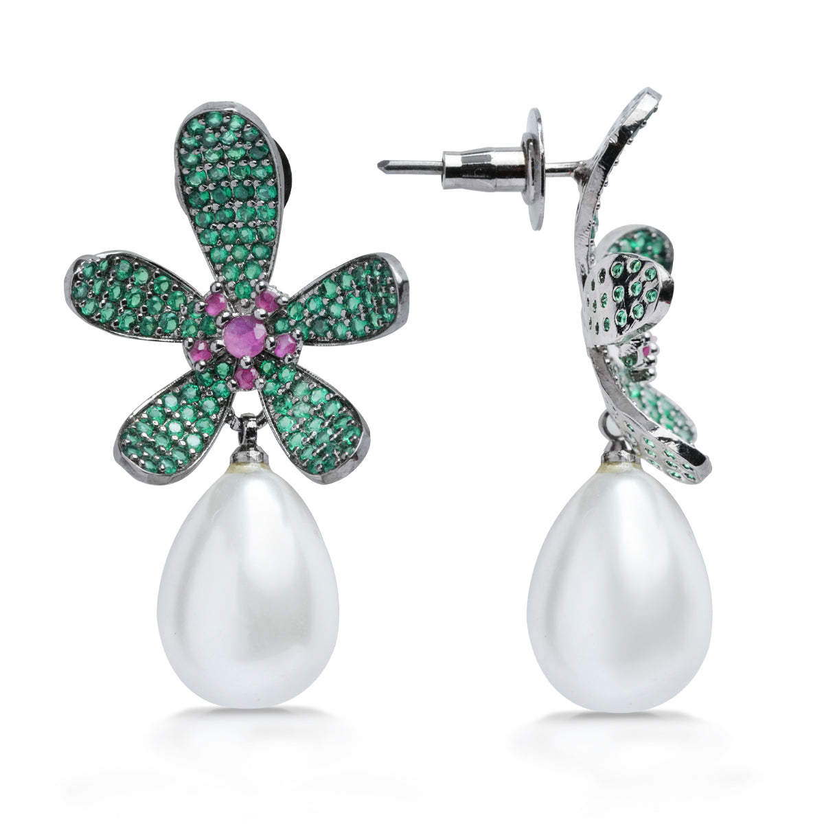 Side view showing earring post and pearl hanging drop