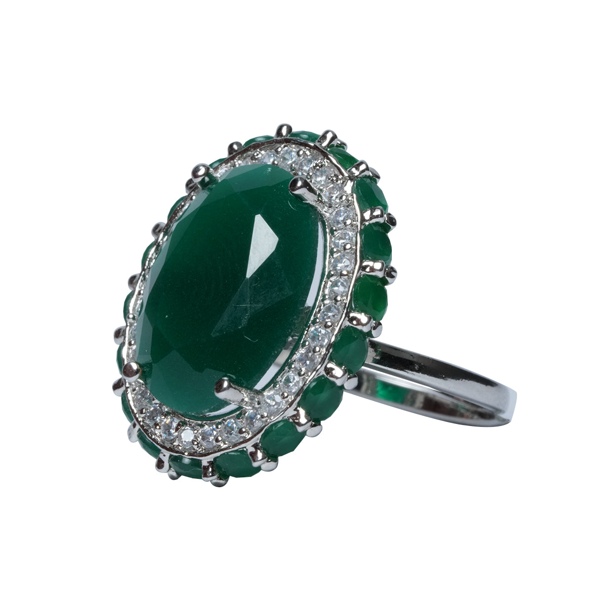 Oval green stone ring with white CZ in front view