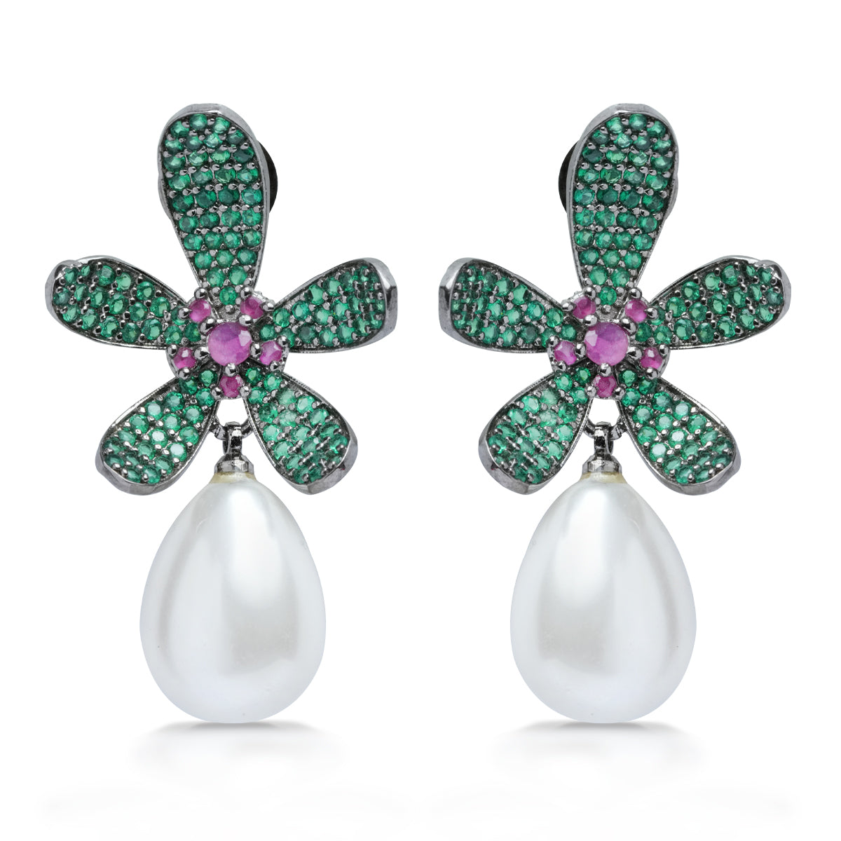 Green petal earrings with pink center and pearl drop – front view