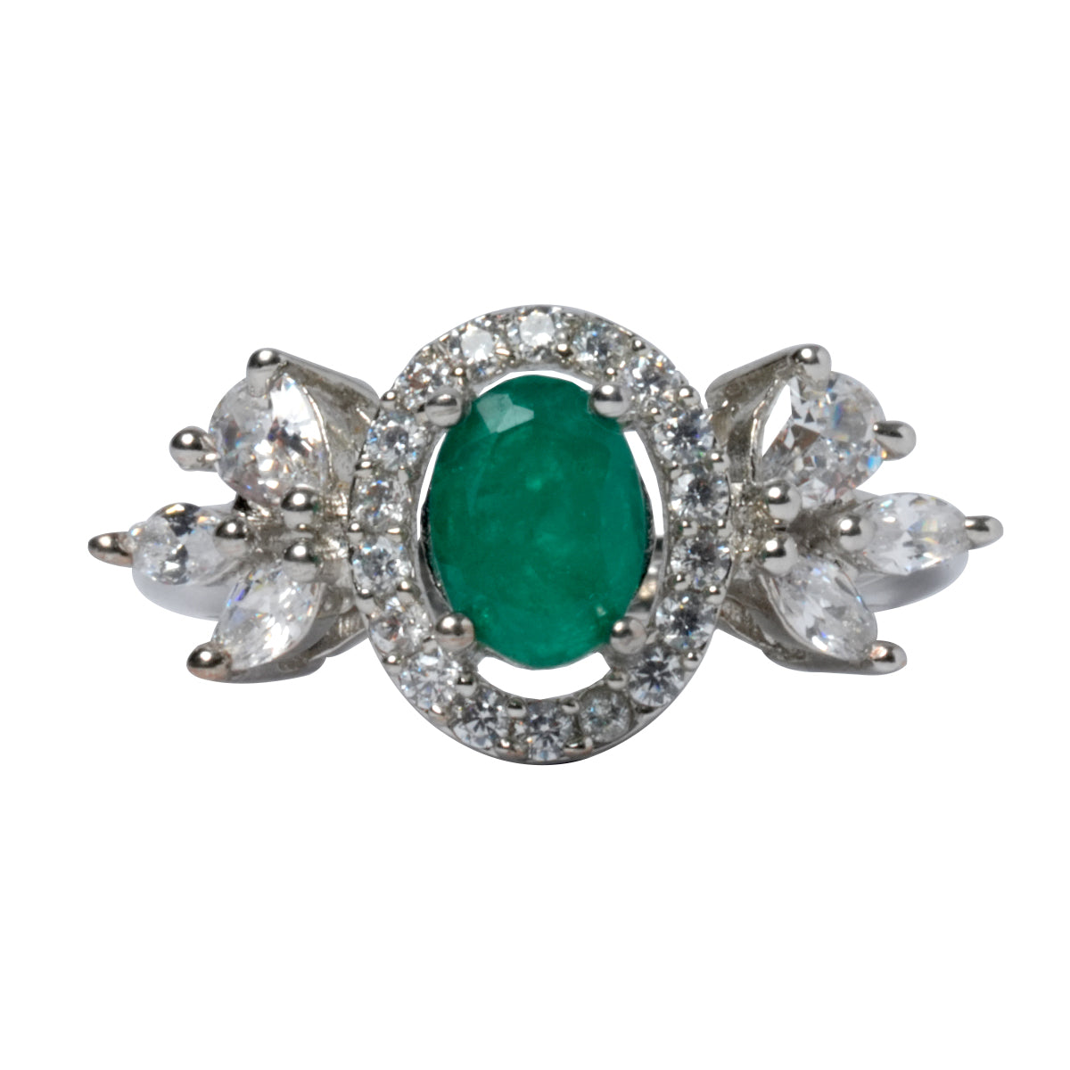 Front view of green stone ring with white CZ sparkle on each side