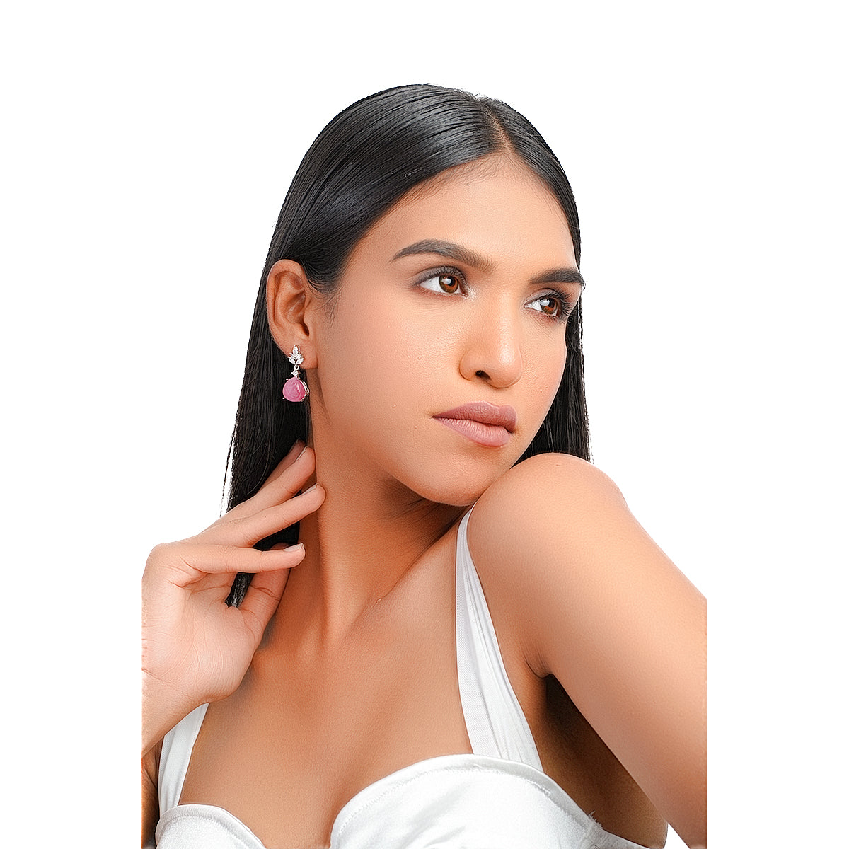 Model posing wearing pink carved stone dangle earrings