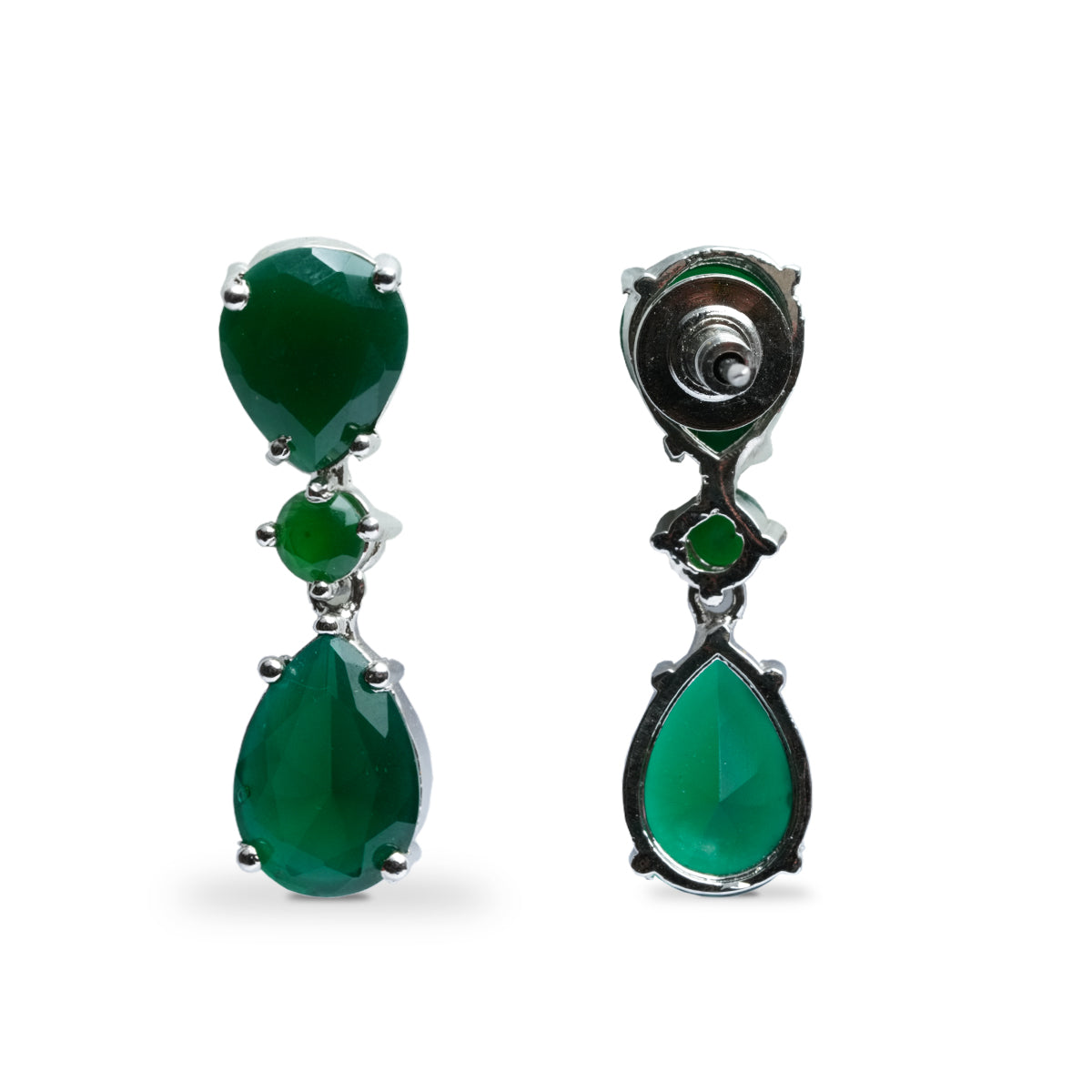 Video thumbnail of emerald drop earrings with sparkle in studio light