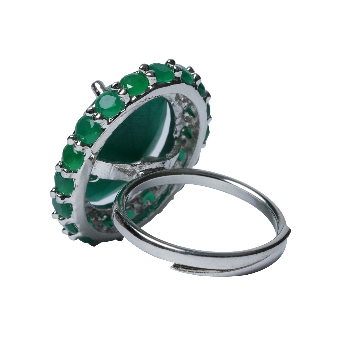 Side angle of two green CZ rings showing band and stones