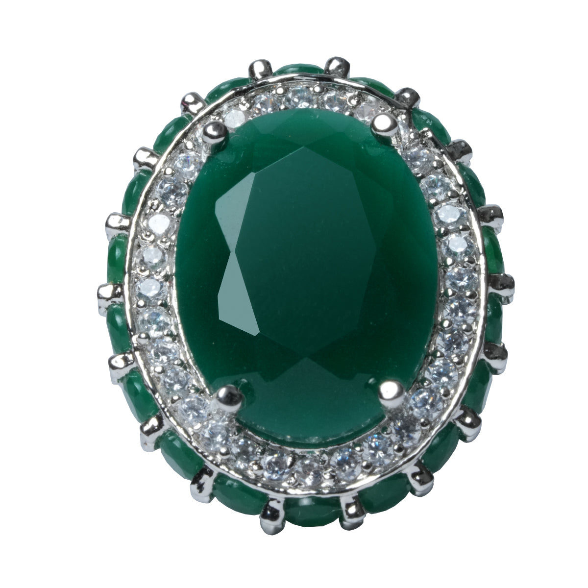 Top view of green oval stone with white sparkle CZ
