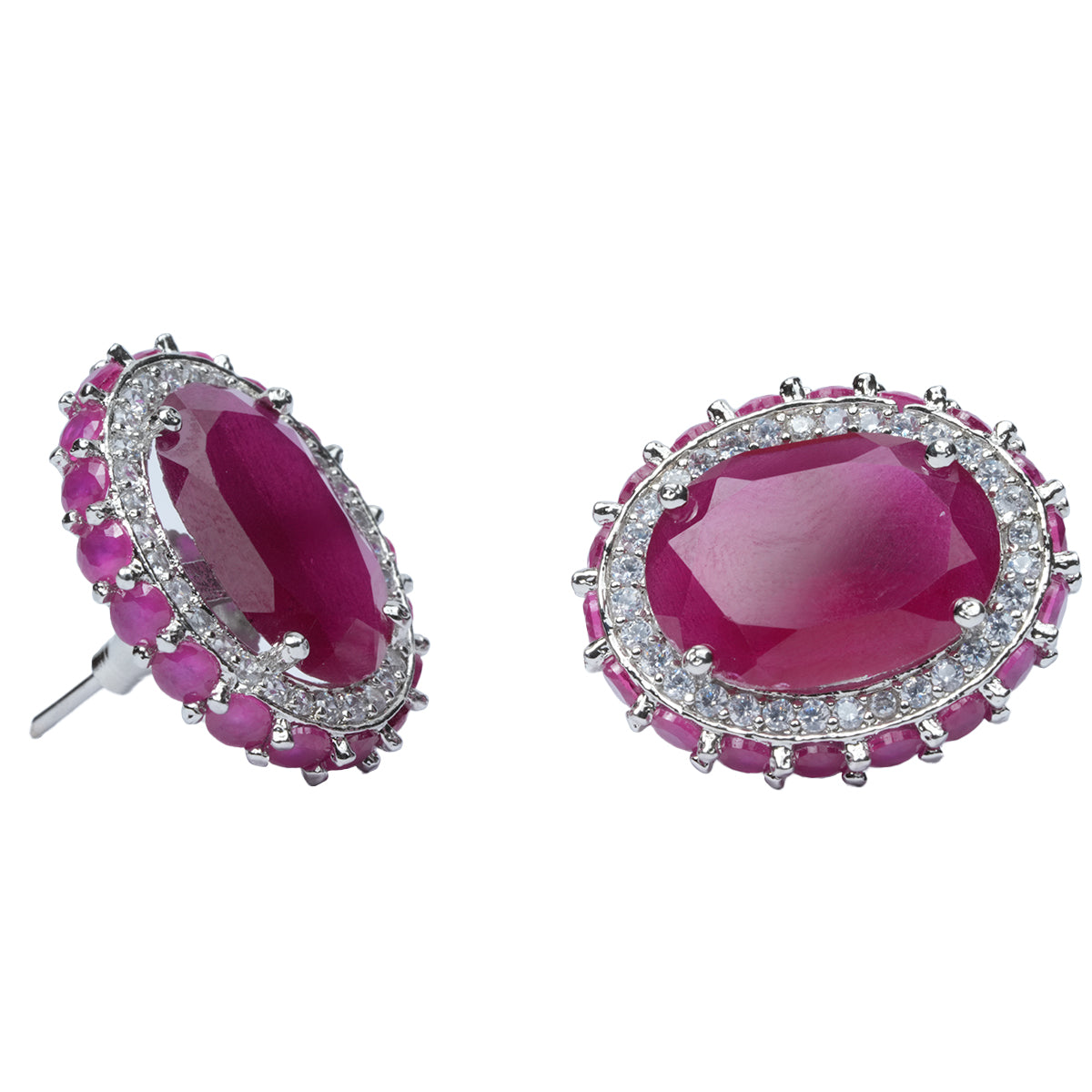 Front angle view of pink ruby stud earrings with CZ diamonds