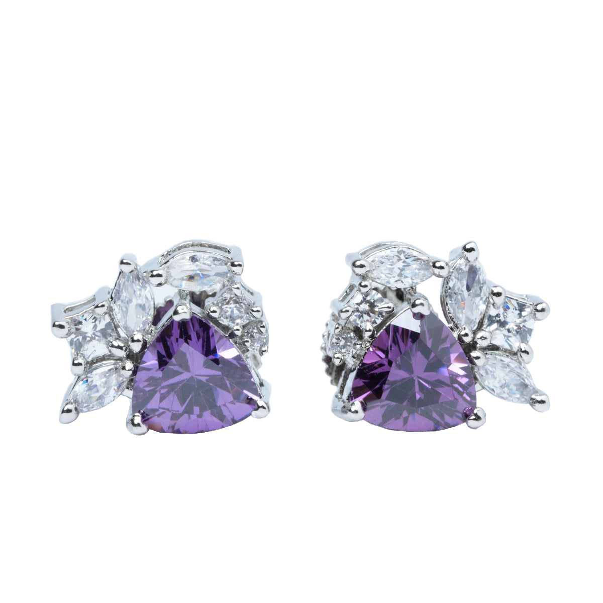 Front view of purple amethyst earrings with white CZ stones