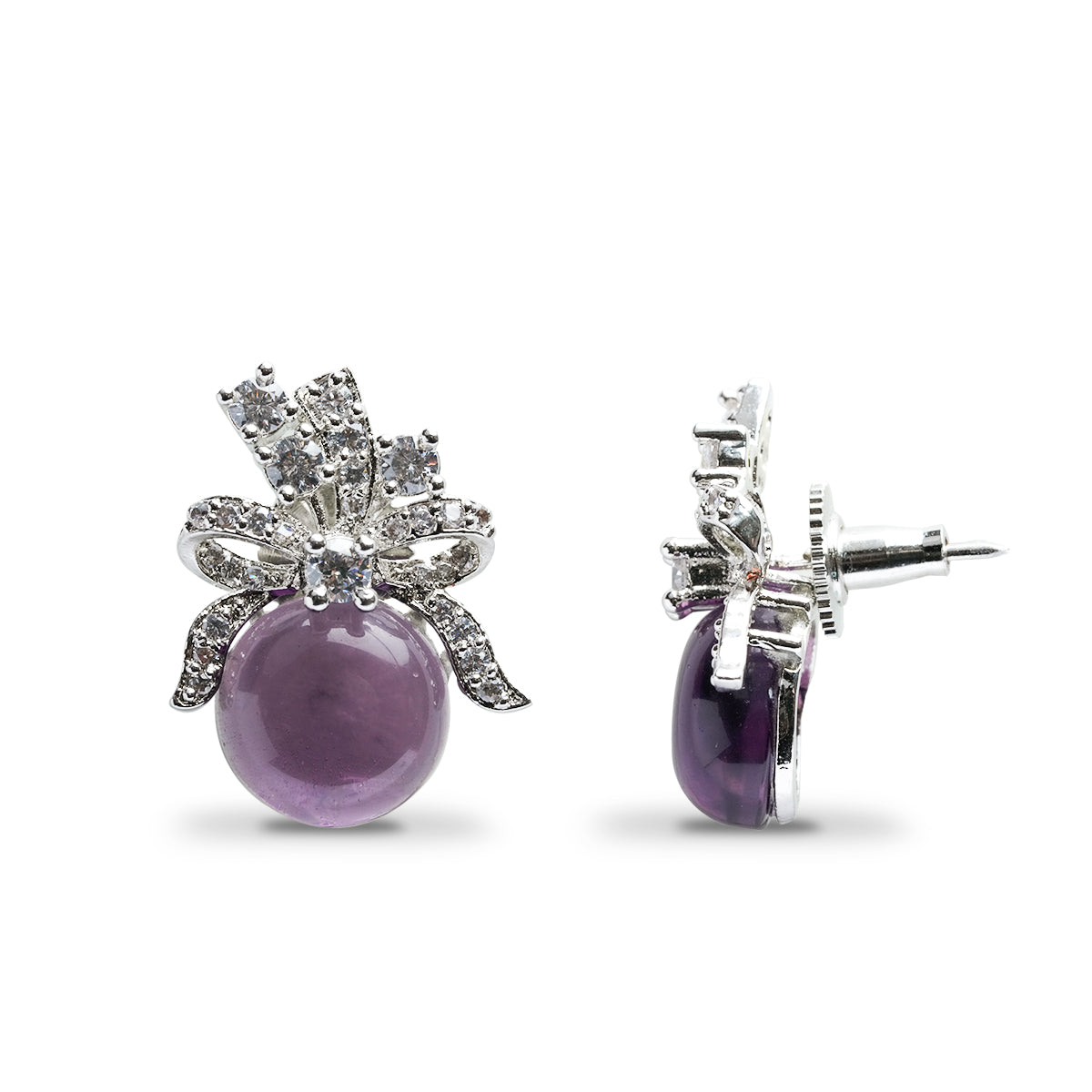 Side view showing post and bow detail of purple amethyst earrings