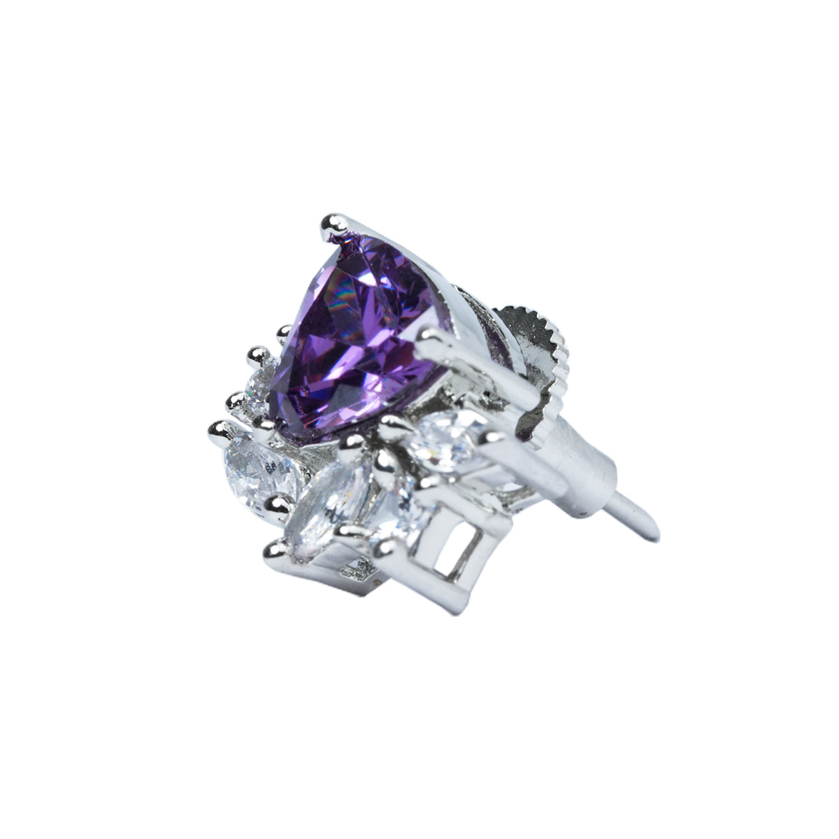 Close-up of single amethyst CZ stud earring showing prongs and sparkle stones