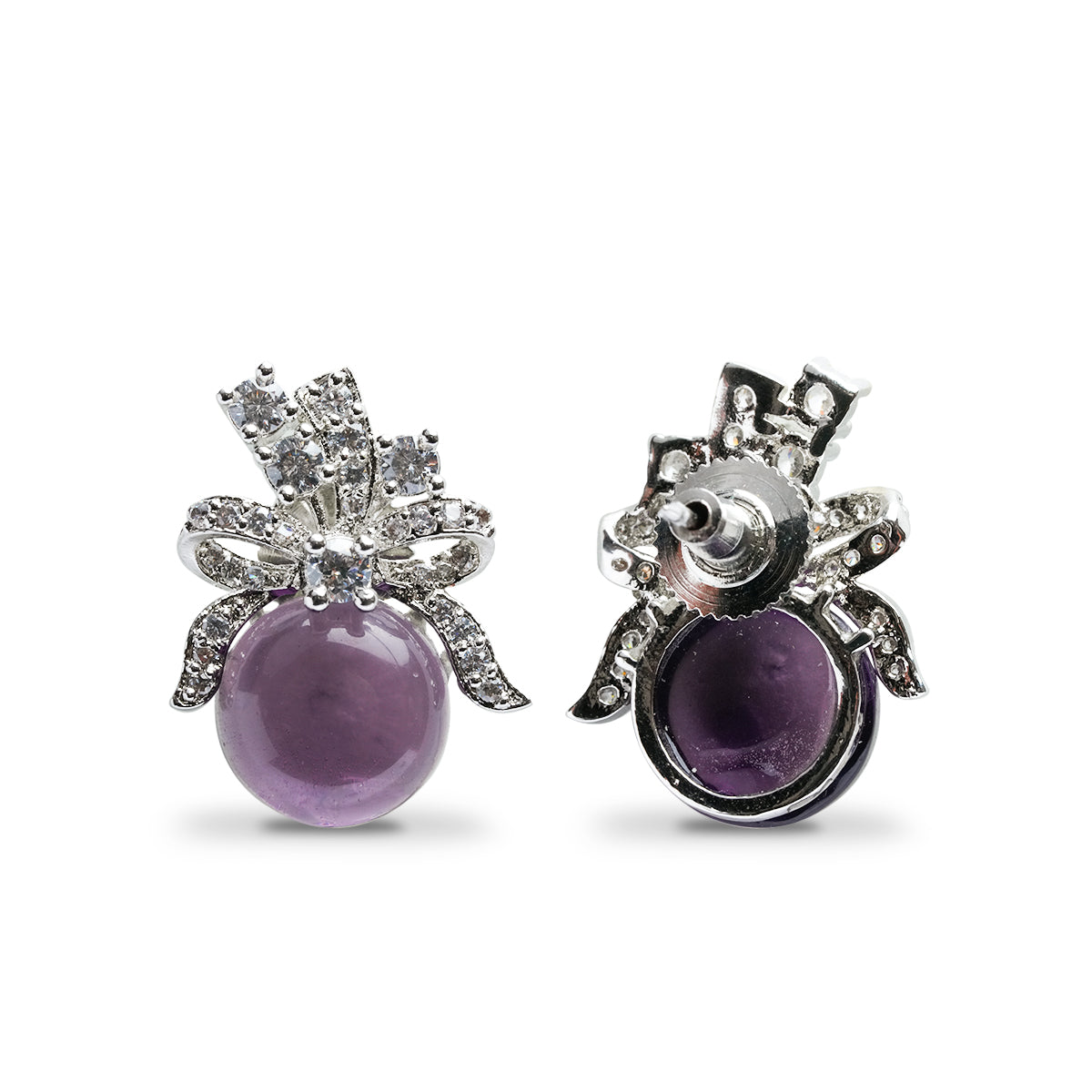 Back view of purple amethyst earrings showing clasp and setting