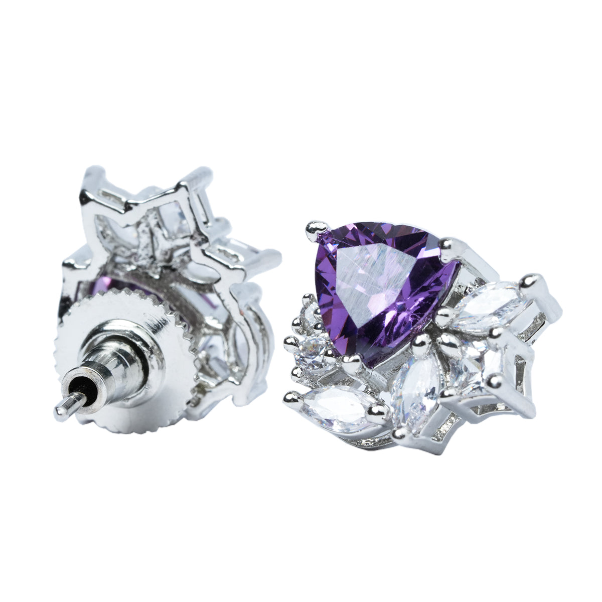 Angled close-up of purple CZ stud earrings showing front design and clasp