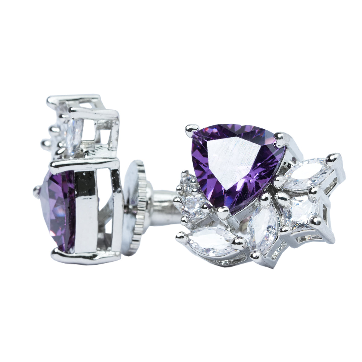 Side view of purple stud earrings showing stone height and CZ accents