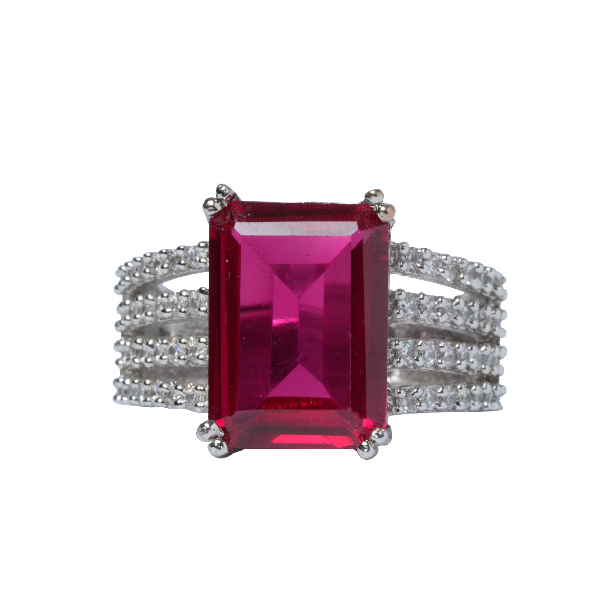 Emerald cut ruby ring with wide CZ side stones