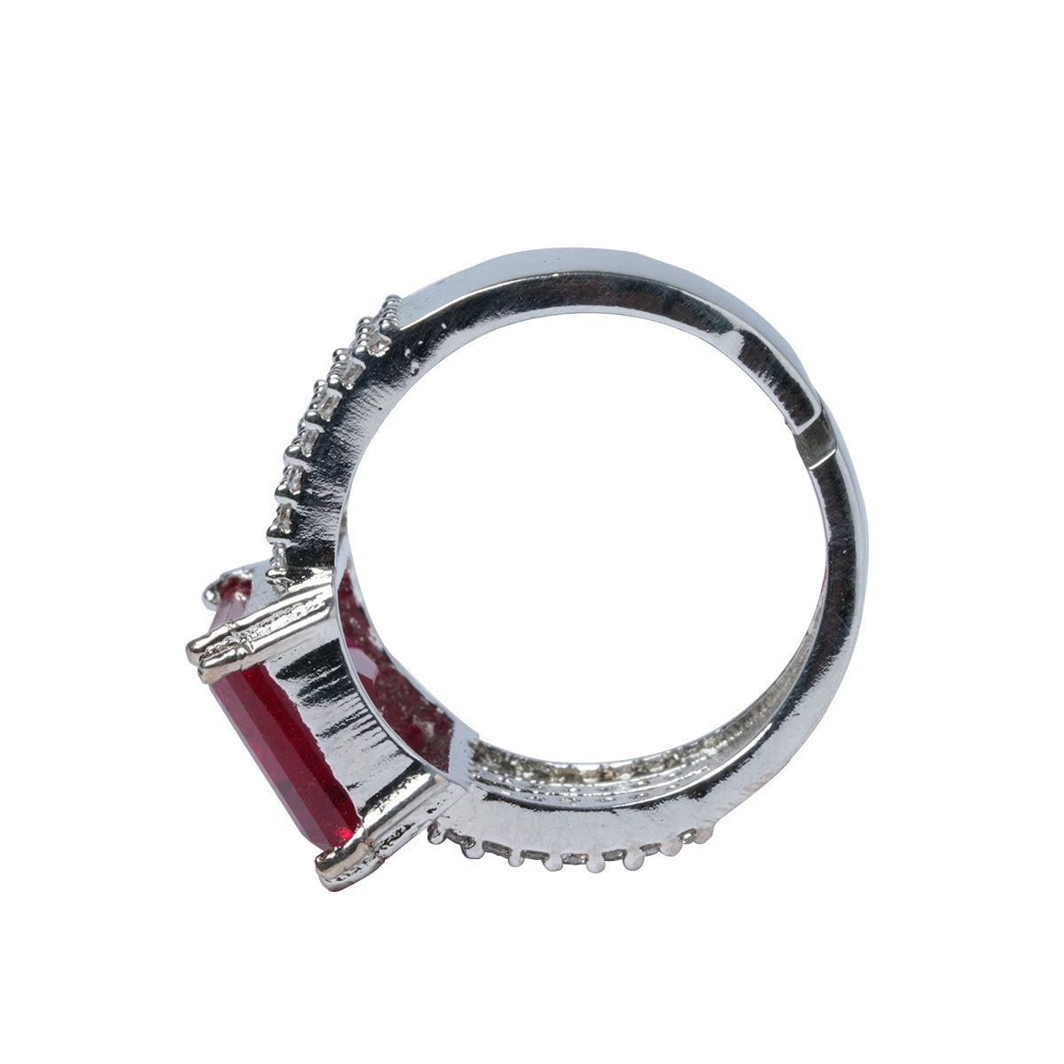 Side profile of red ruby ring showing layered CZ design