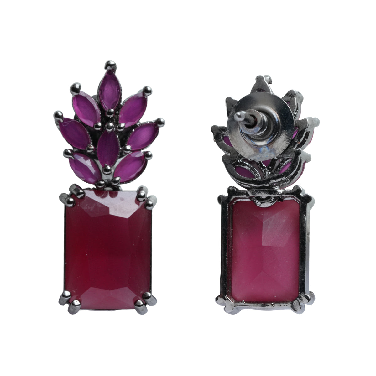 Back view of ruby and pink stone earring showing clasp and stud