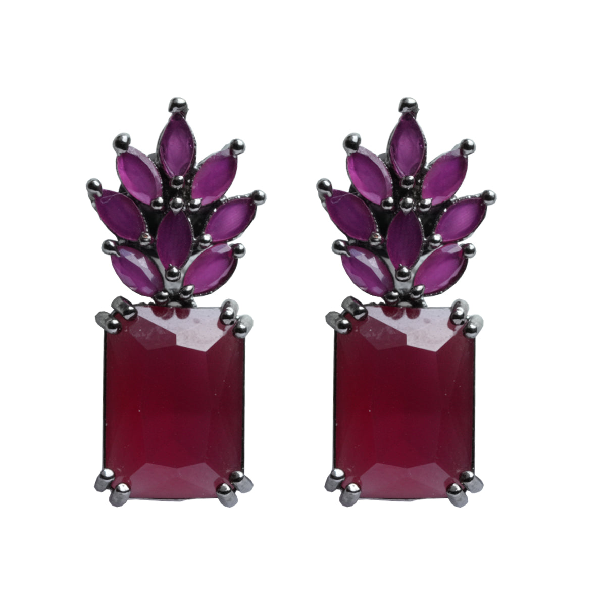 Front view of ruby earrings with pink sapphire and silver detailing