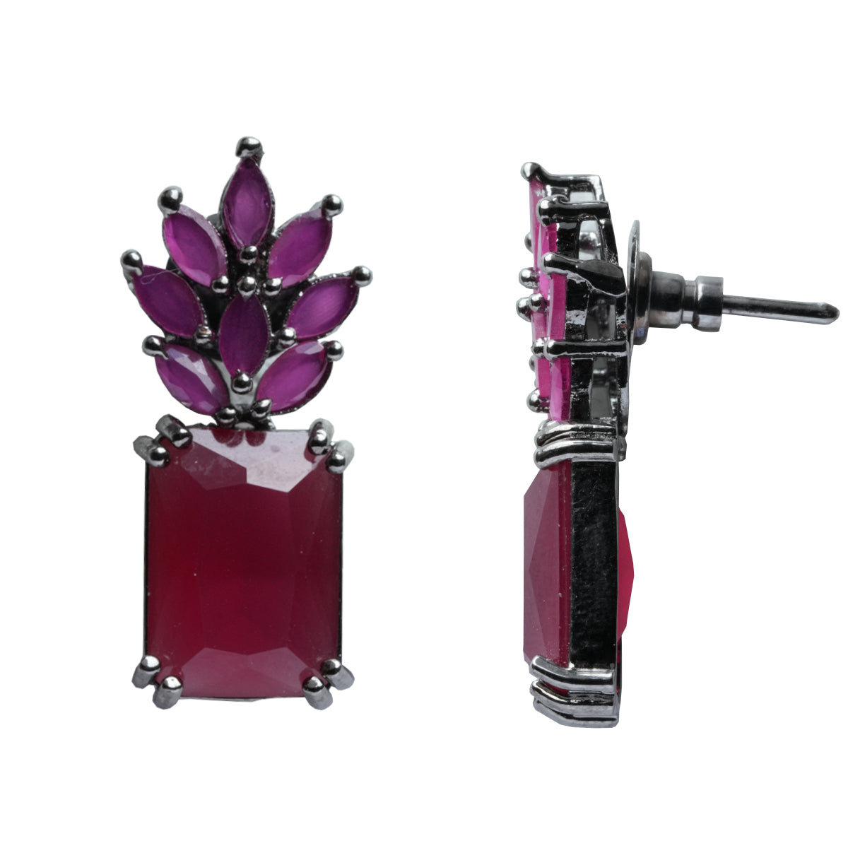 Side view of ruby dangle earrings with pink stones and stud post