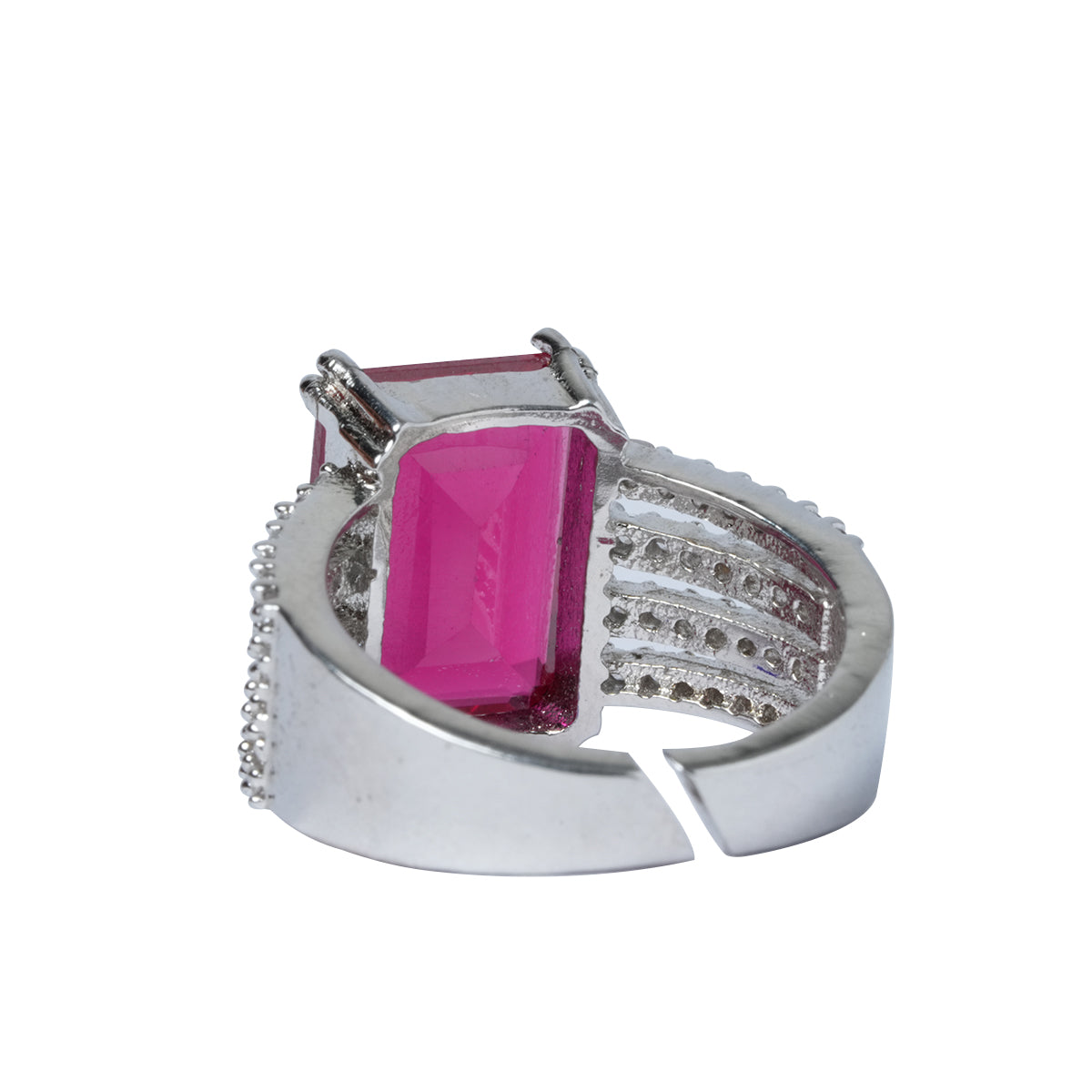 Top flat view of ruby statement ring with silver finish