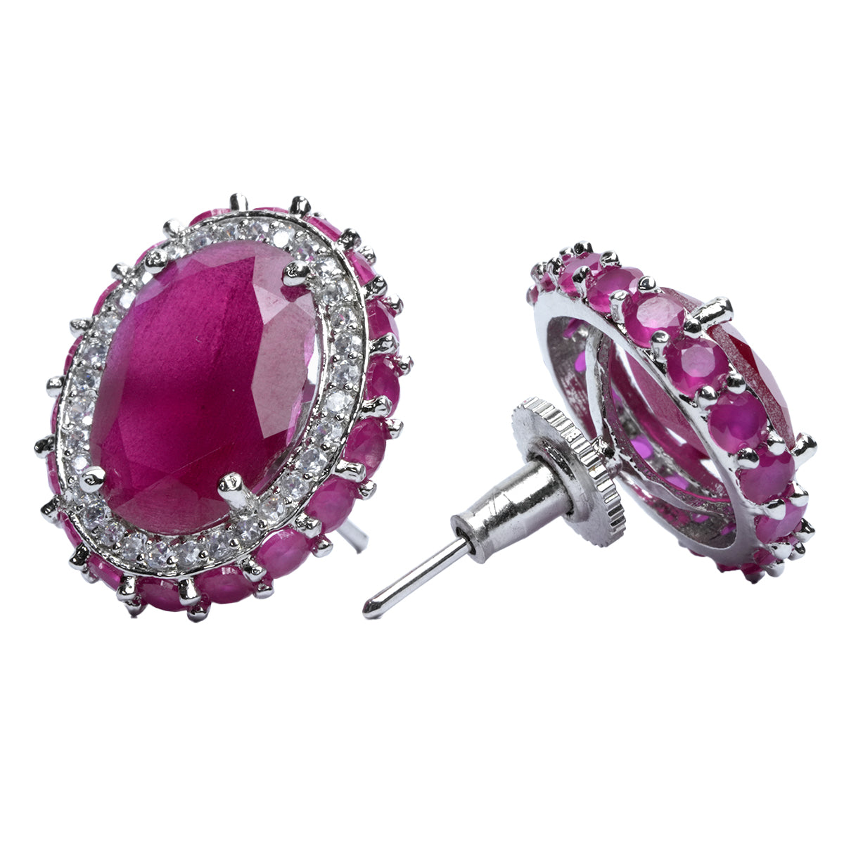 Side tilt showing depth and setting of ruby stud earrings