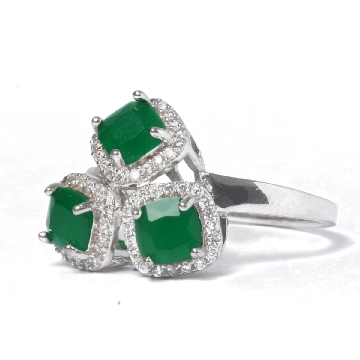 side view of green stone cluster ring for women