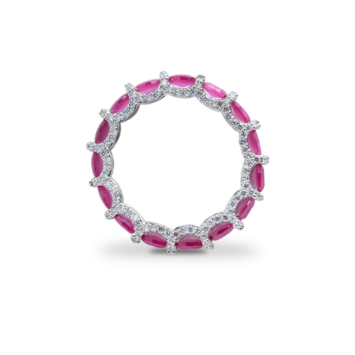 Top view of round pink and ruby ring showing full stone band