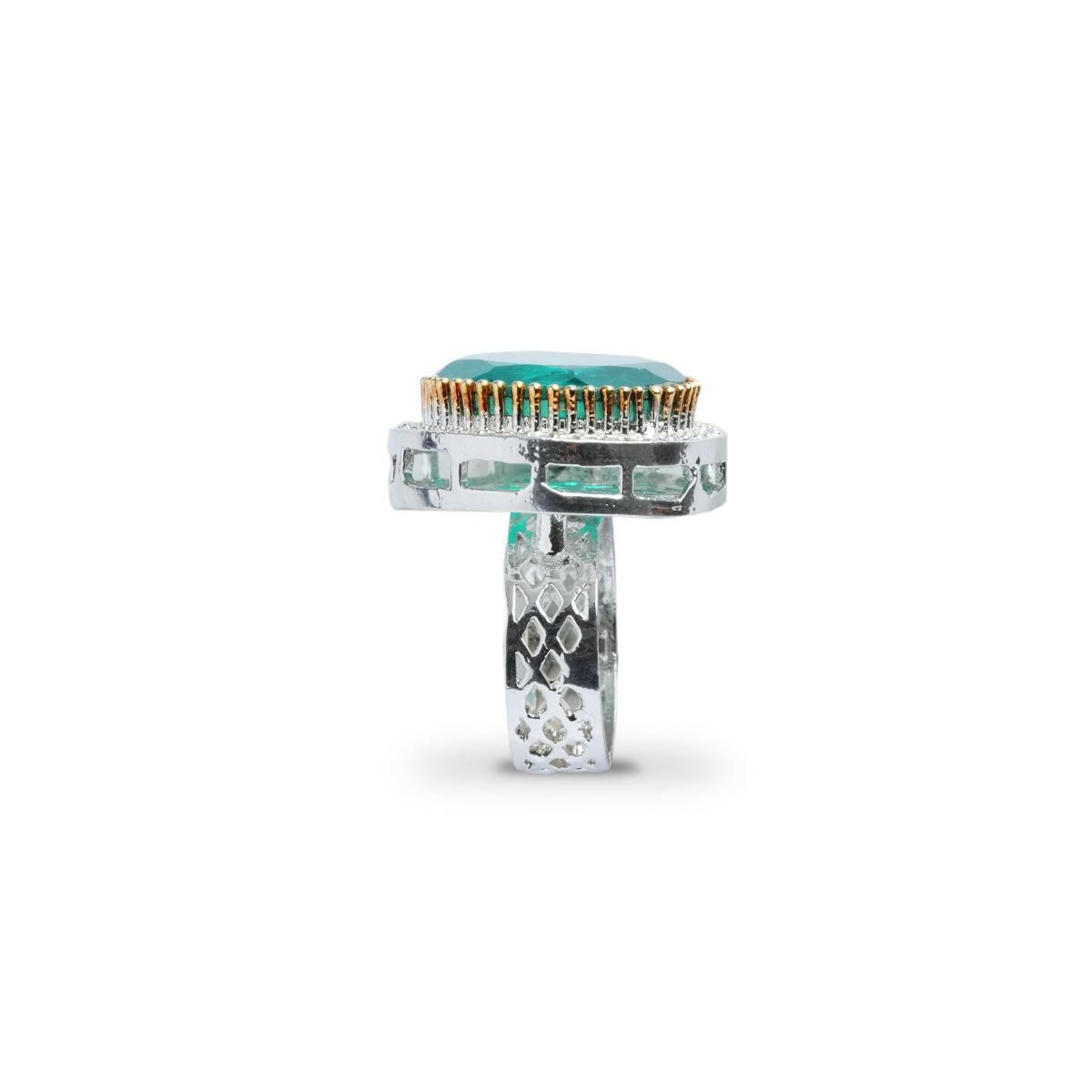 Top view of big green ring showing its round shape and sparkle stones