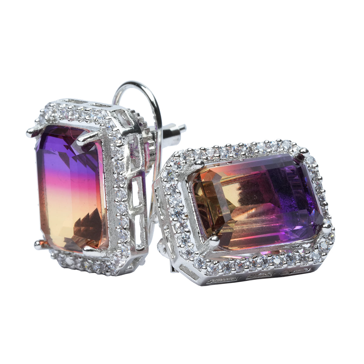 Front view of two-tone earrings with purple-yellow stones