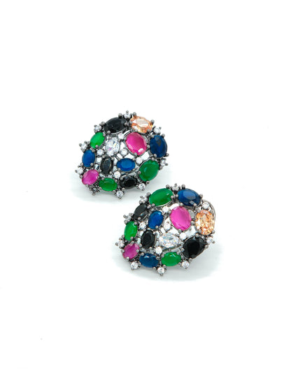 Multicolour Stone Earrings with American Diamond Cluster Design