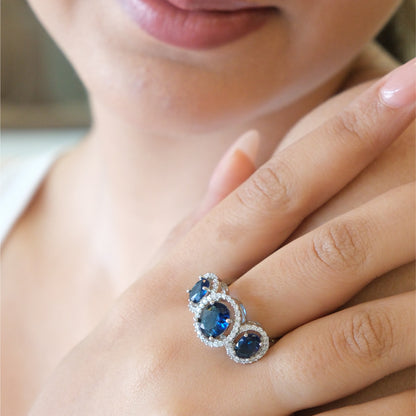 Blue Triple Halo American Diamond Ring